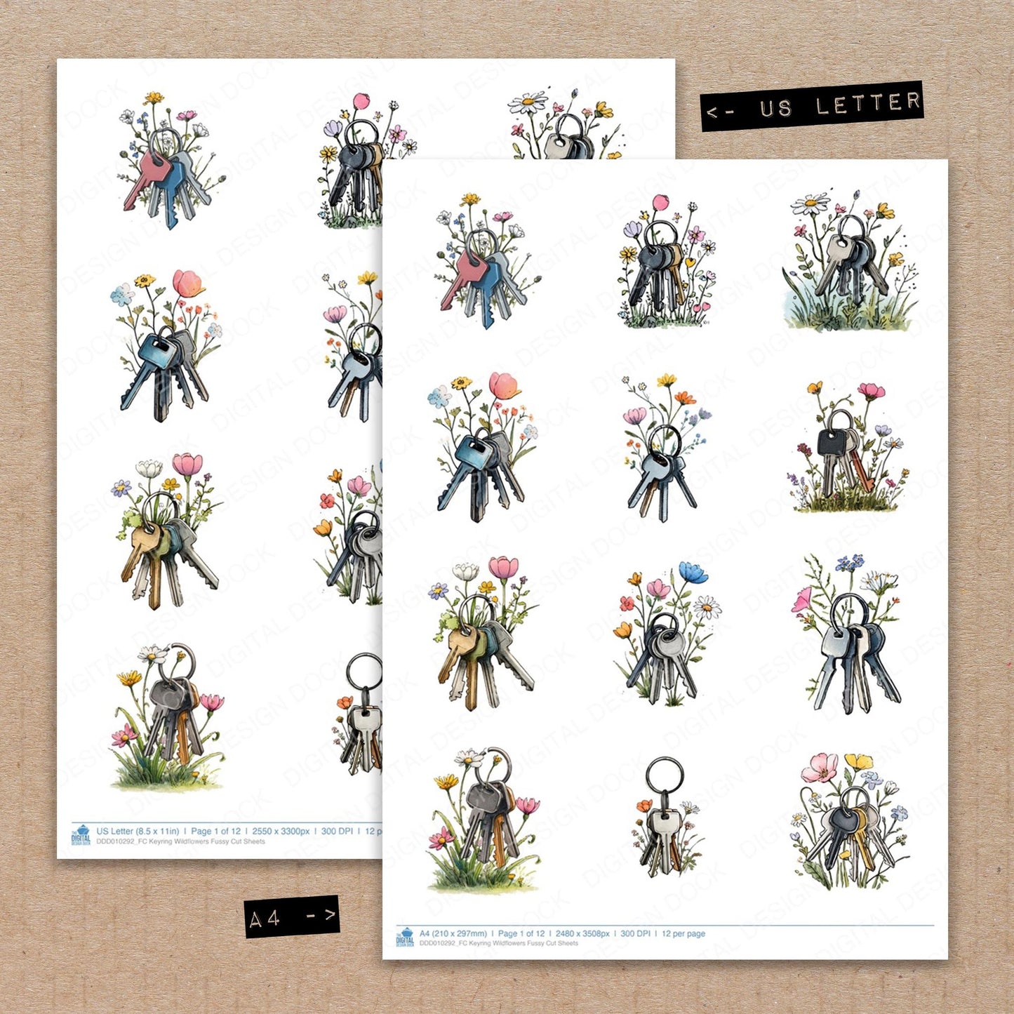 A4 and US Letter format comparison showing Keyring Wildflowers fussy cut pages for print and cut crafting
