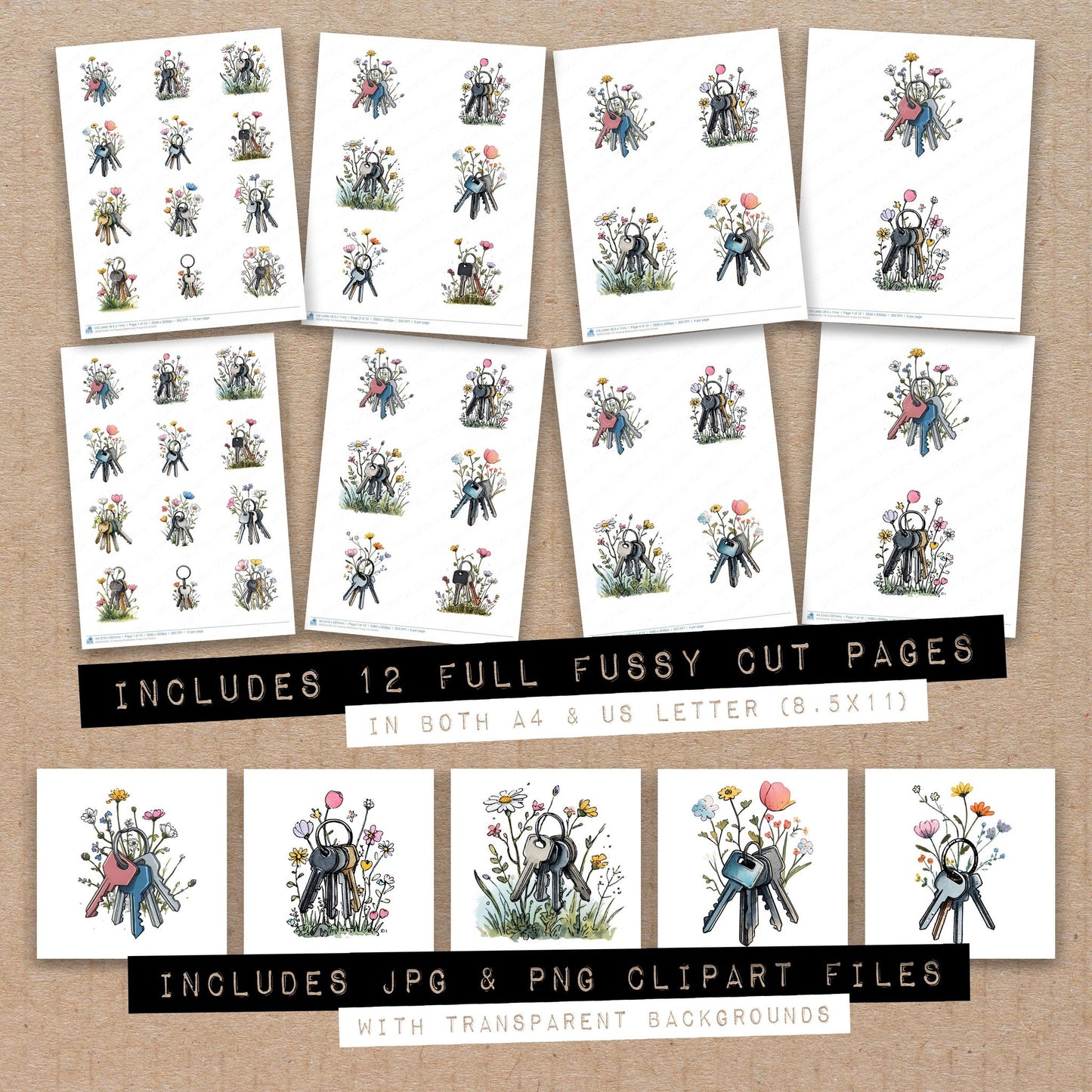 Full collection view of Keyring Wildflowers fussy cut sheets with bonus clipart JPG and PNG files