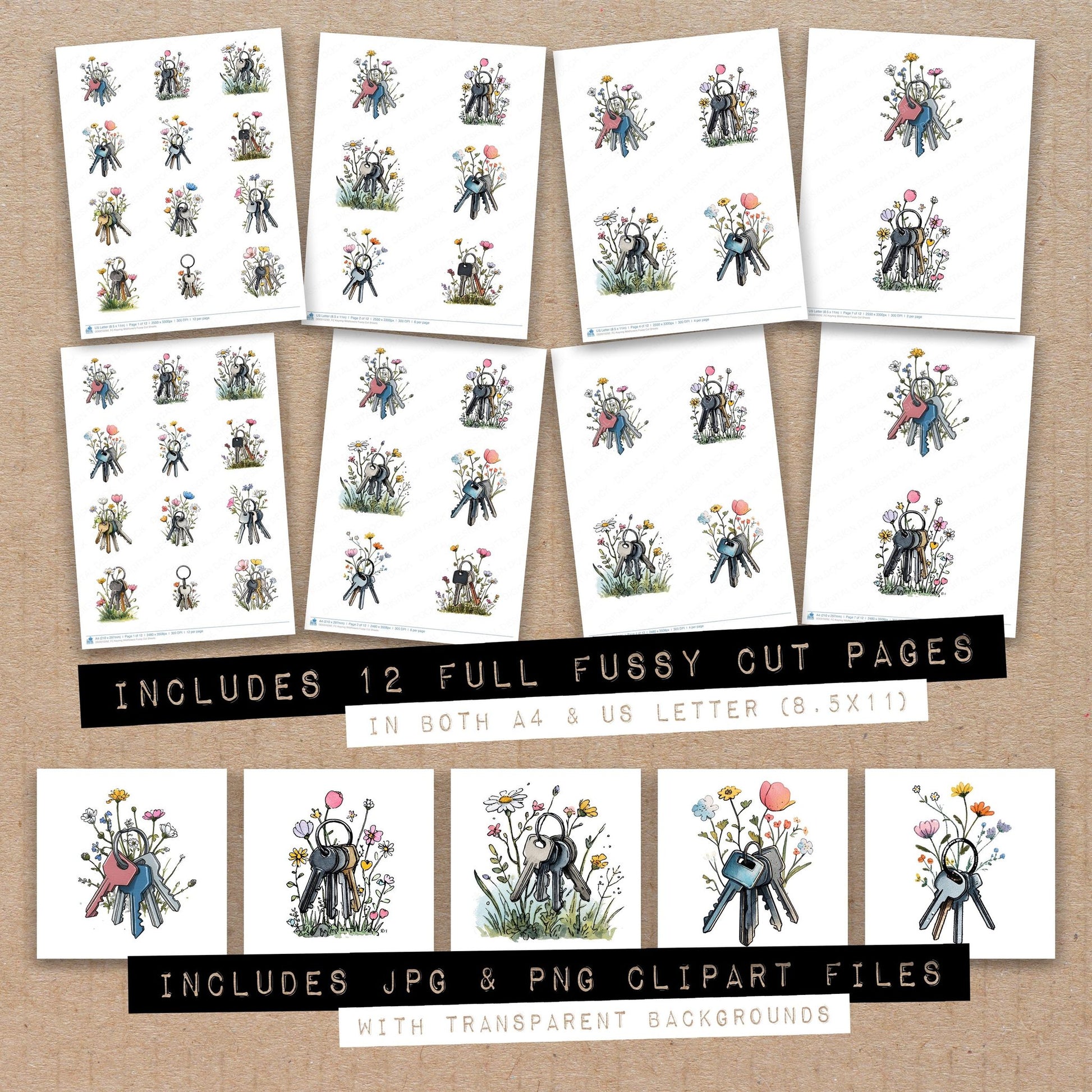 Full collection view of Keyring Wildflowers fussy cut sheets with bonus clipart JPG and PNG files