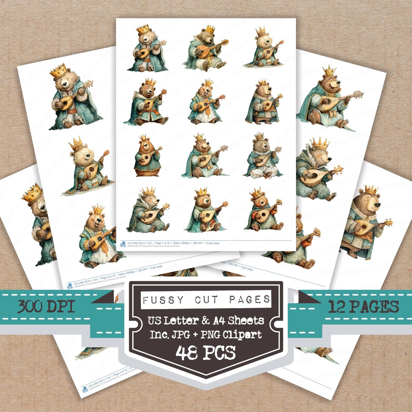 King Bear Playing Lute Fussy Cut Sheets (DDD010293)