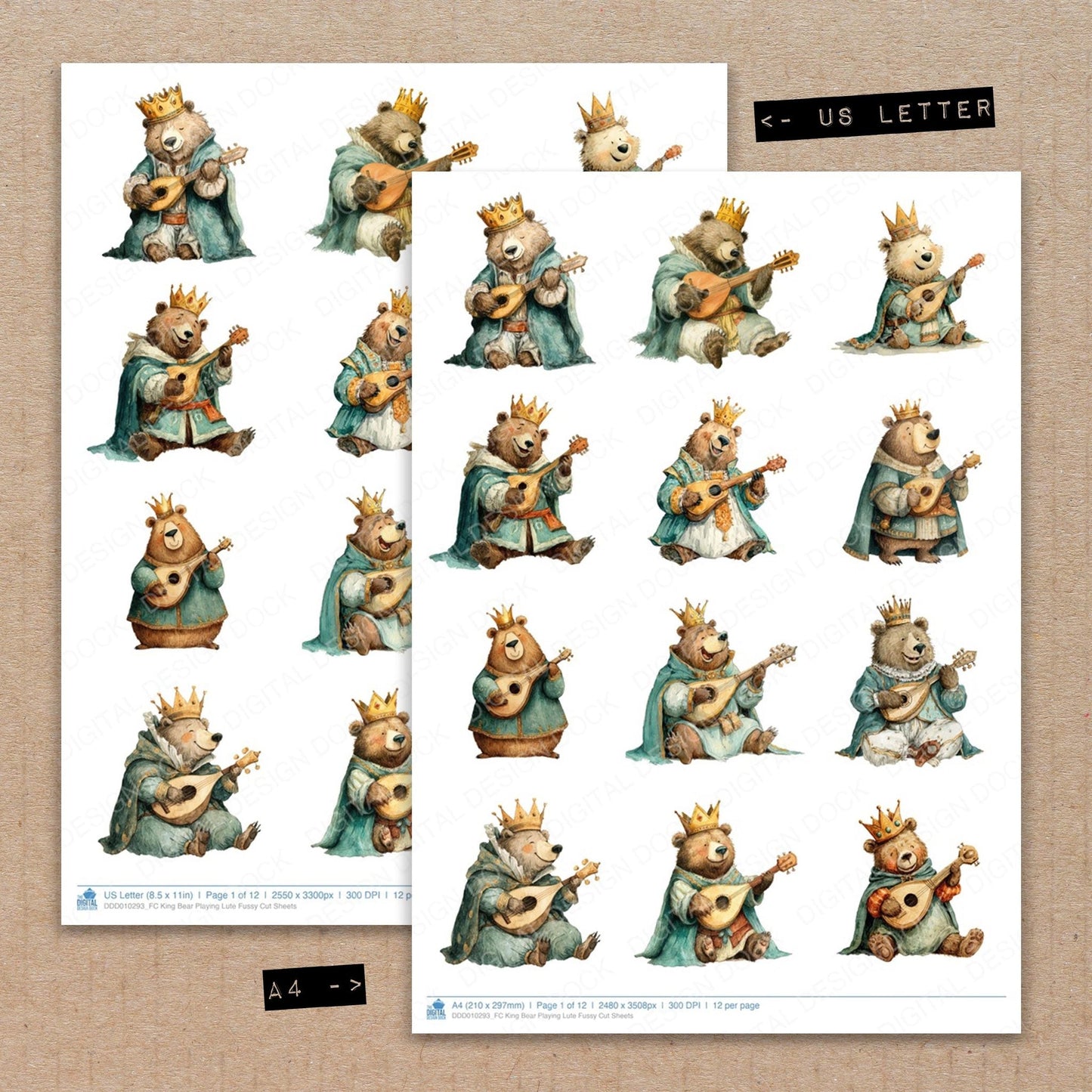 King Bear Playing Lute Fussy Cut Sheets (DDD010293)