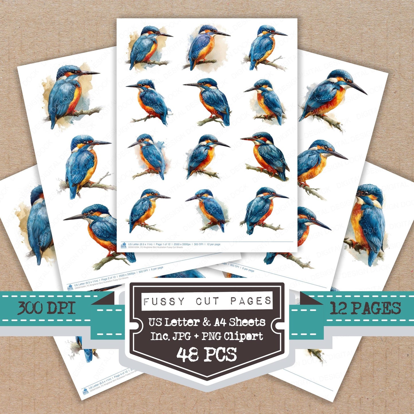 Kingfisher Bird Illustration fussy cut printable sheets for junk journaling, scrapbooking, and paper craft projects