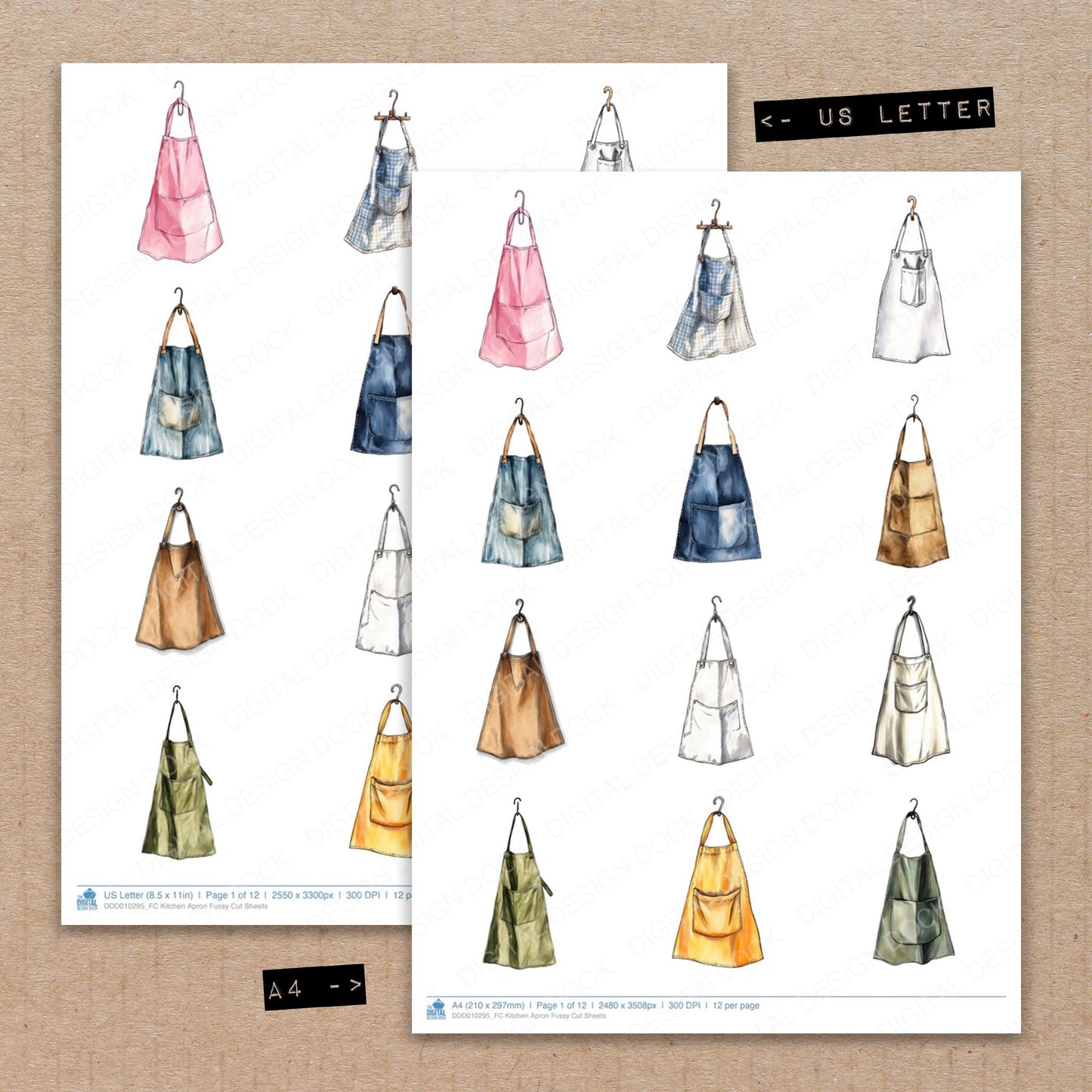 A4 and US Letter format comparison showing Kitchen Apron fussy cut pages for print and cut crafting