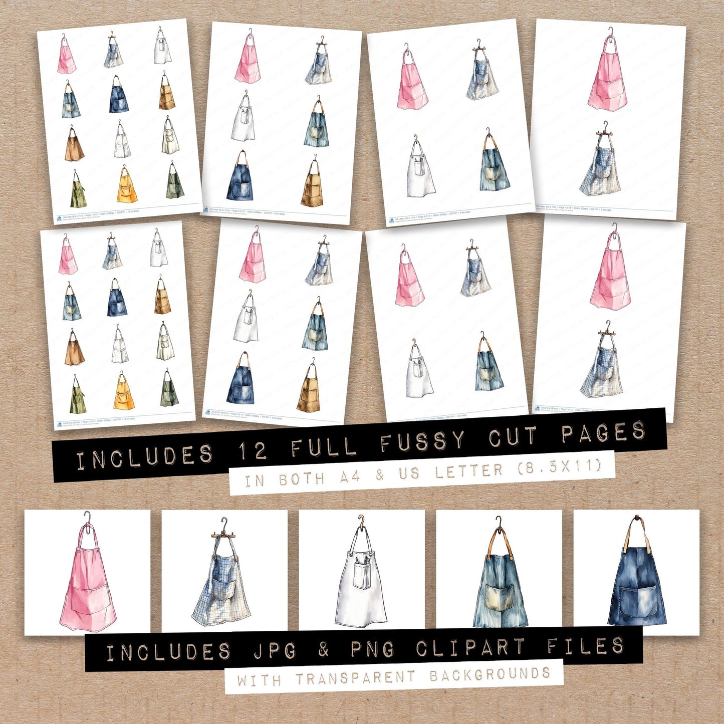 Full collection view of Kitchen Apron fussy cut sheets with bonus clipart JPG and PNG files