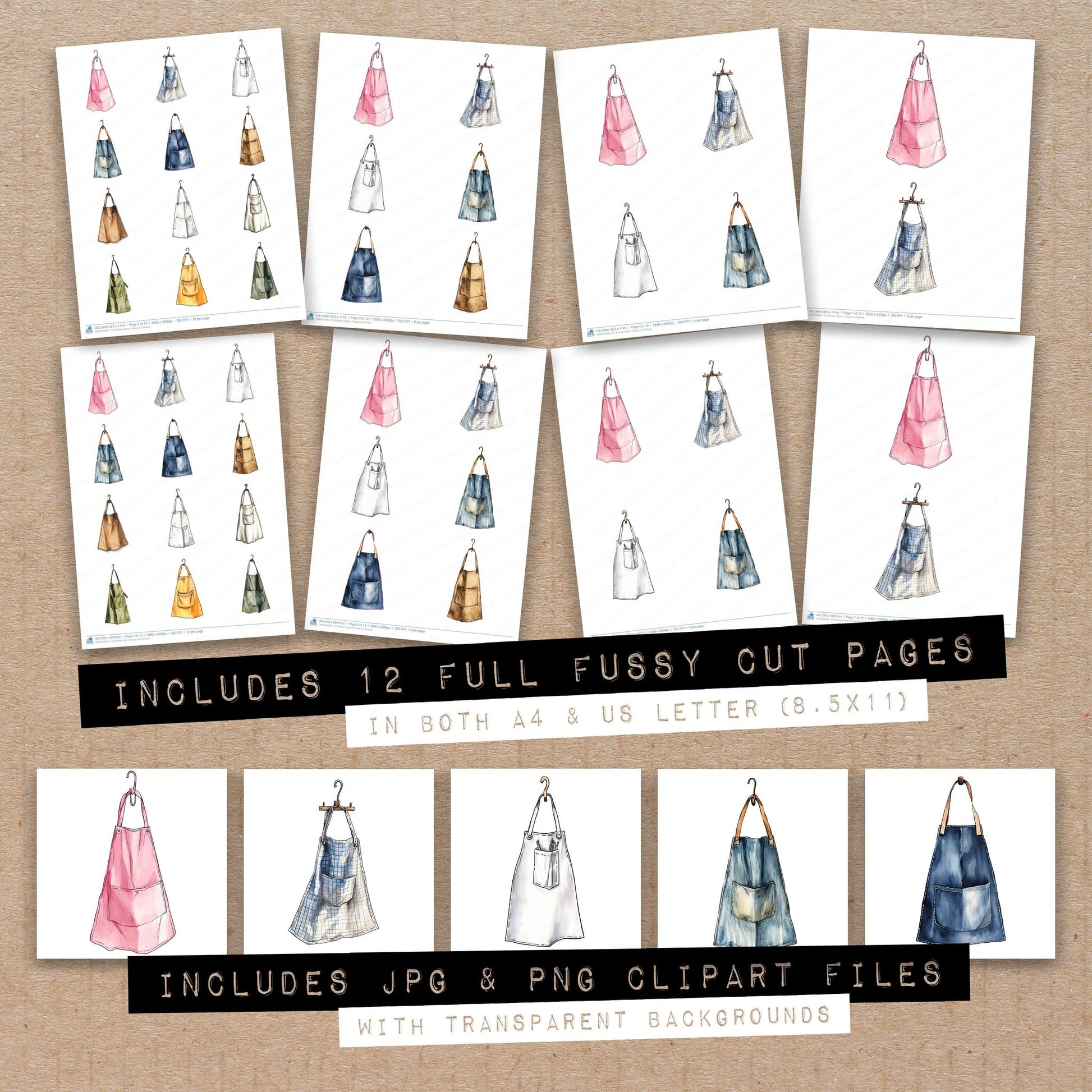 Full collection view of Kitchen Apron fussy cut sheets with bonus clipart JPG and PNG files