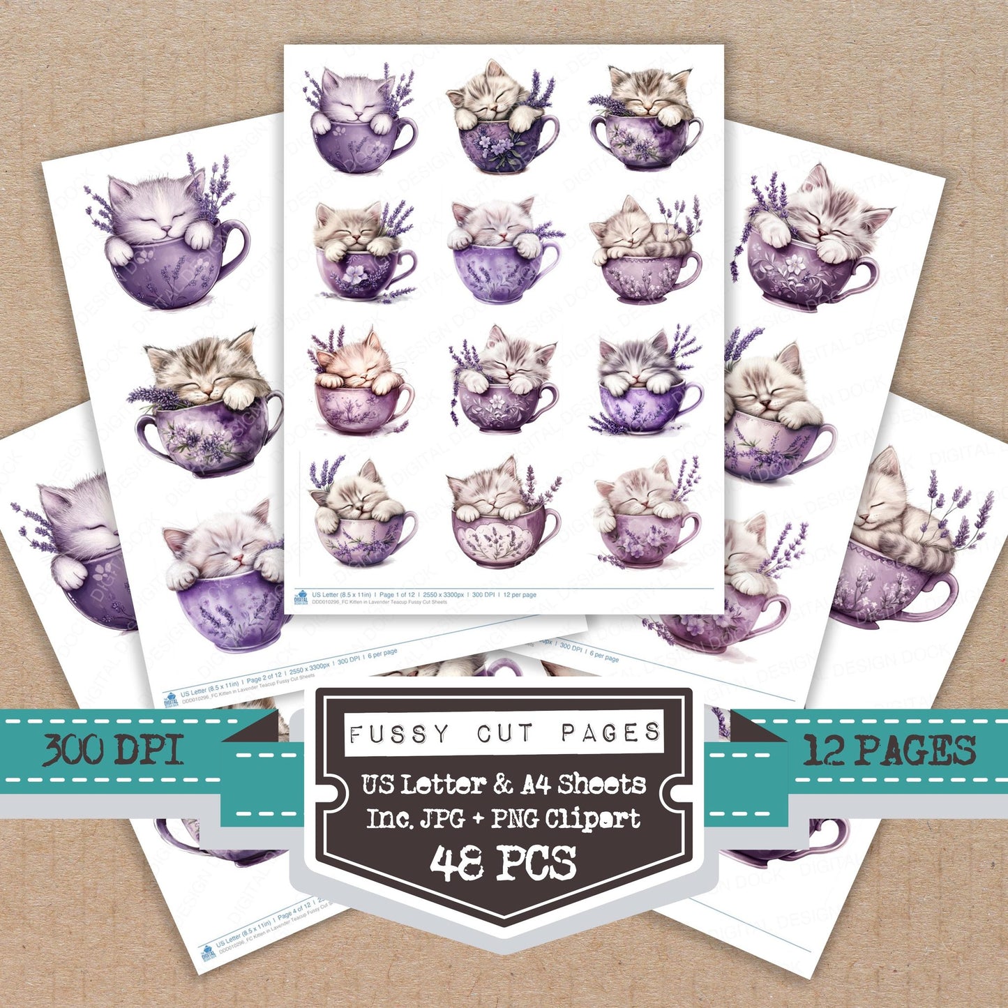 Kitten in Lavender Teacup fussy cut printable sheets for junk journaling, scrapbooking, and paper craft projects
