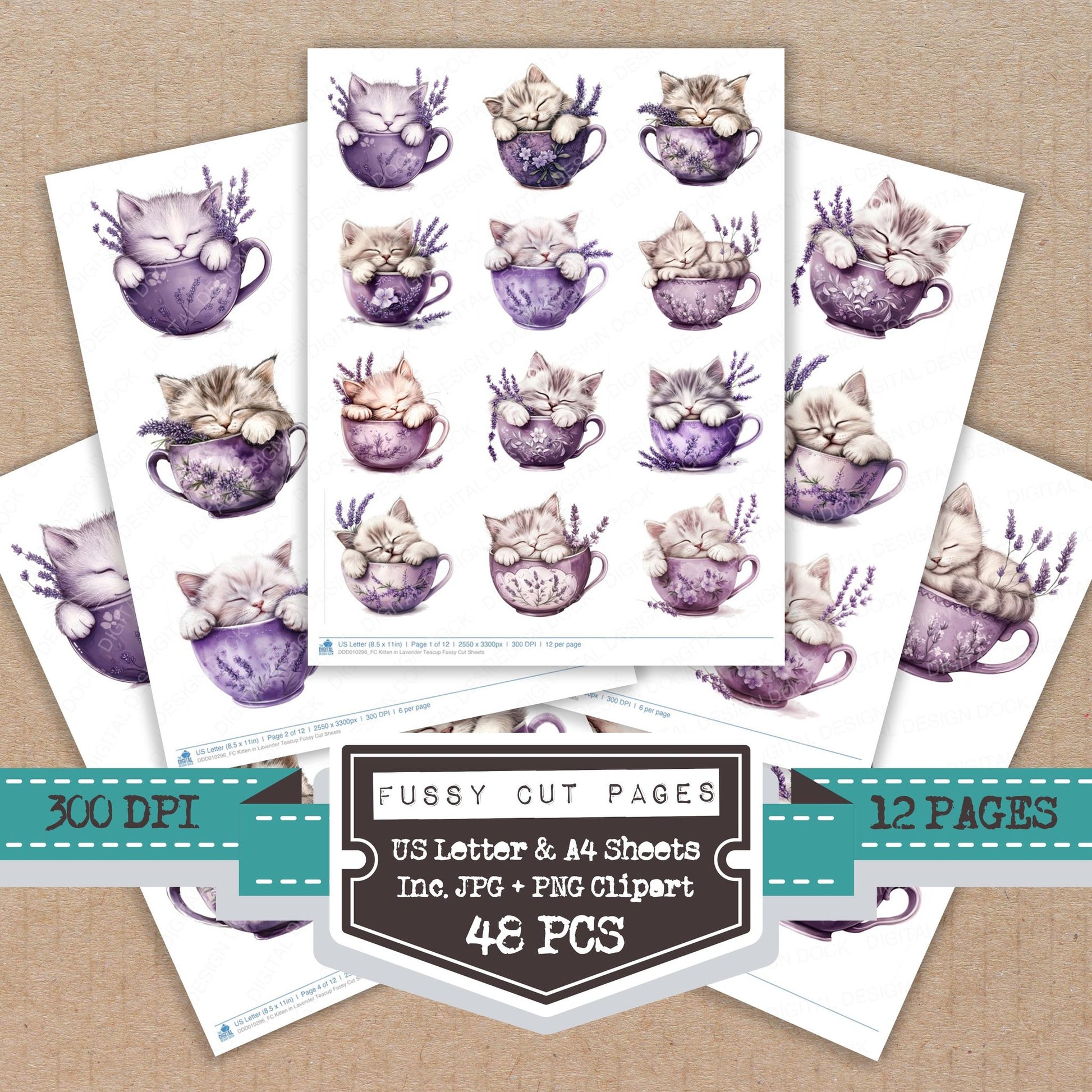 Kitten in Lavender Teacup fussy cut printable sheets for junk journaling, scrapbooking, and paper craft projects