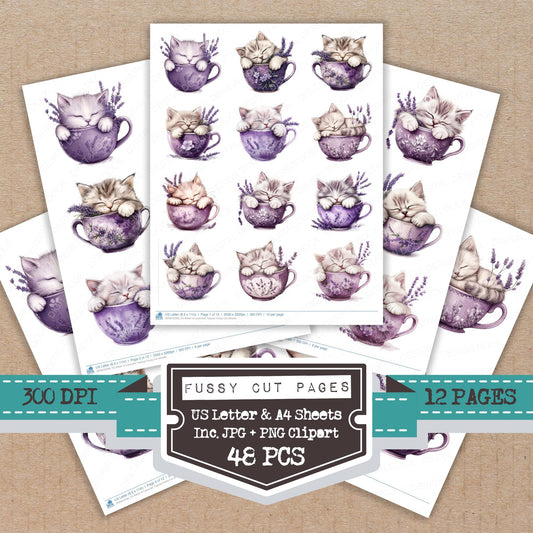 Kitten in Lavender Teacup fussy cut printable sheets for junk journaling, scrapbooking, and paper craft projects