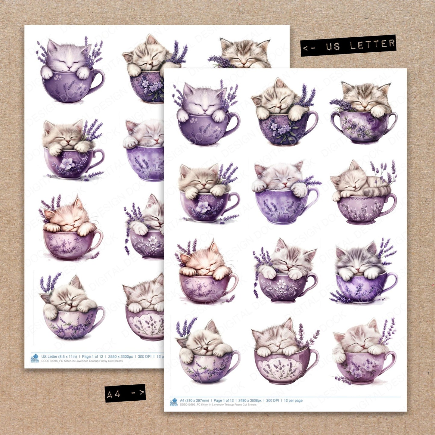 A4 and US Letter format comparison showing Kitten in Lavender Teacup fussy cut pages for print and cut crafting