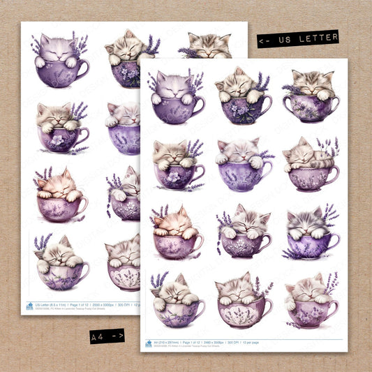 A4 and US Letter format comparison showing Kitten in Lavender Teacup fussy cut pages for print and cut crafting