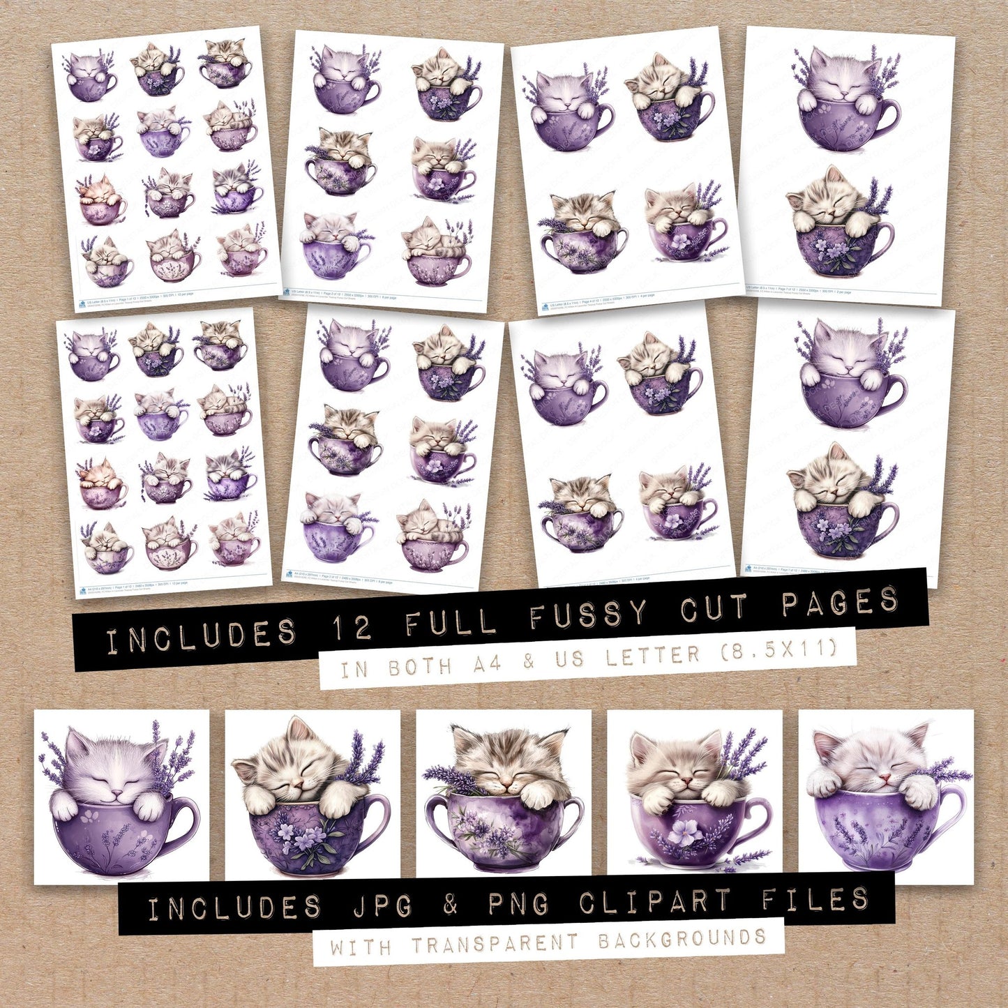 Full collection view of Kitten in Lavender Teacup fussy cut sheets with bonus clipart JPG and PNG files
