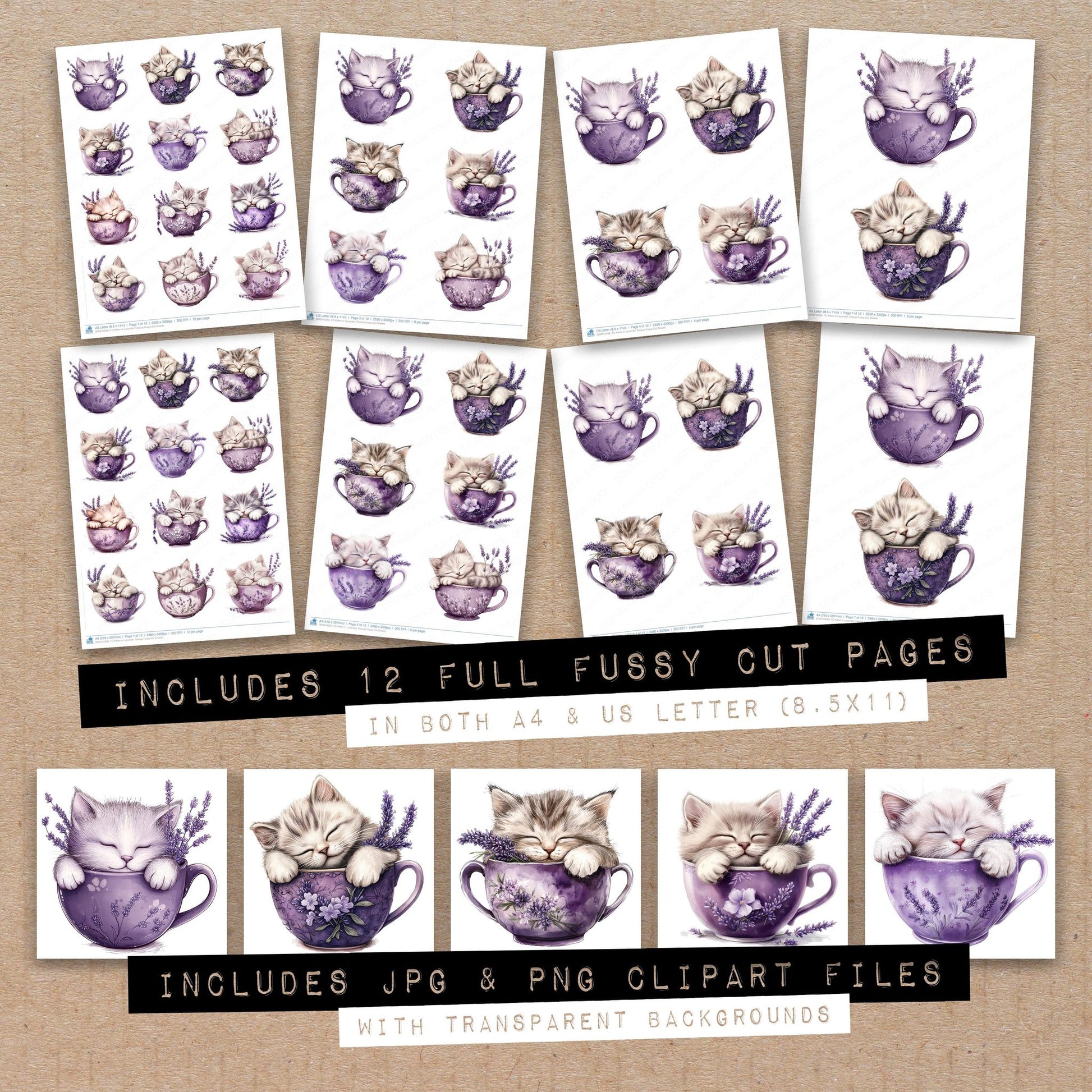 Full collection view of Kitten in Lavender Teacup fussy cut sheets with bonus clipart JPG and PNG files