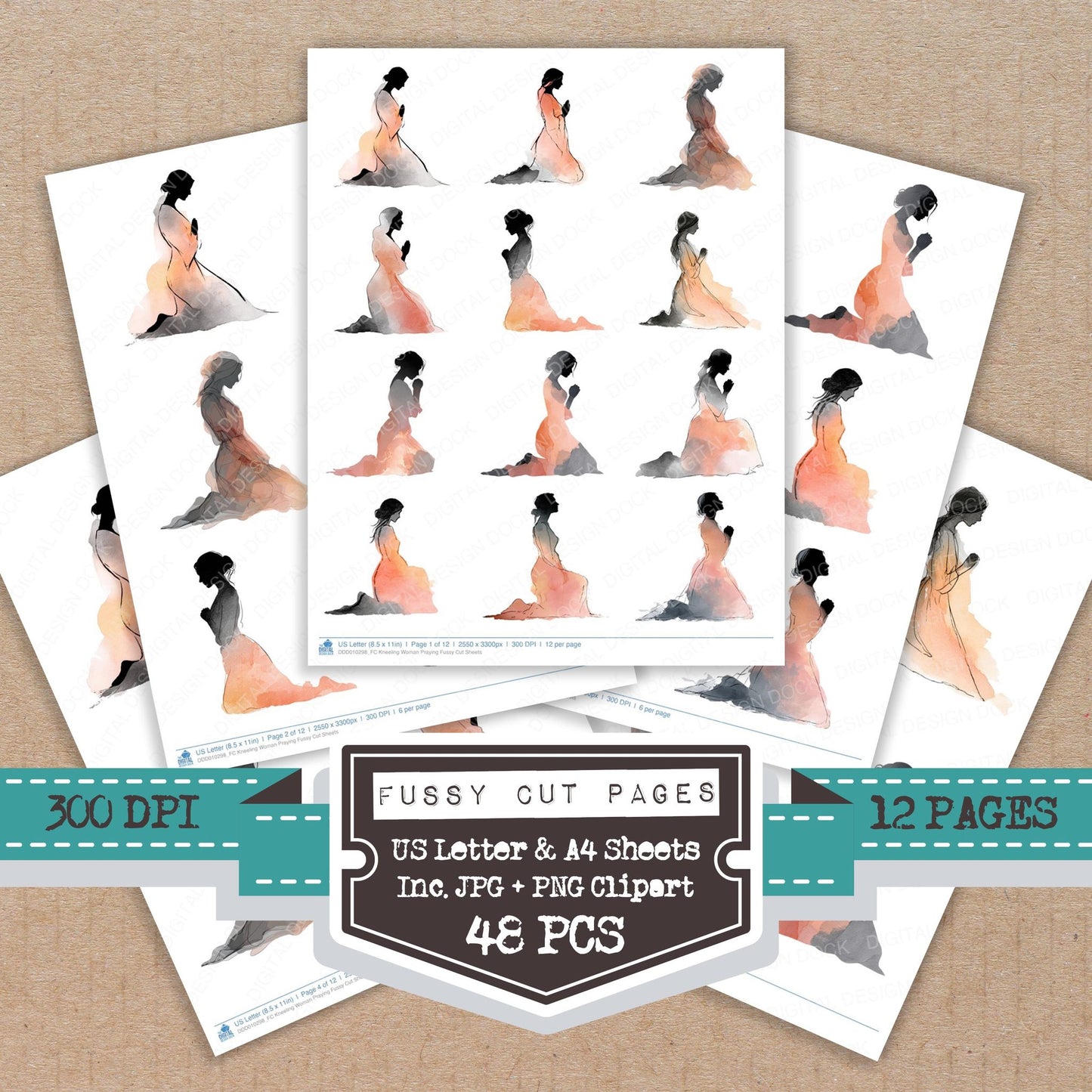 Kneeling Woman Praying fussy cut printable sheets for junk journaling, scrapbooking, and paper craft projects