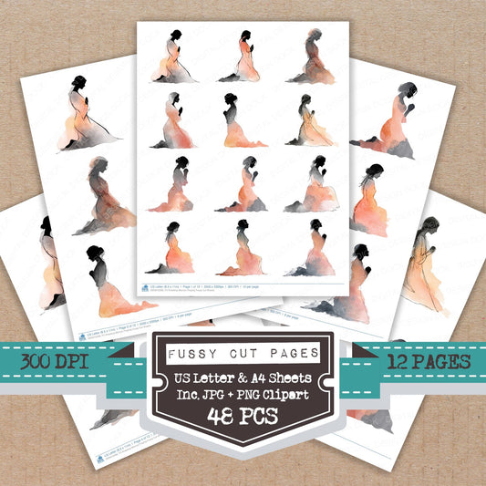 Kneeling Woman Praying fussy cut printable sheets for junk journaling, scrapbooking, and paper craft projects