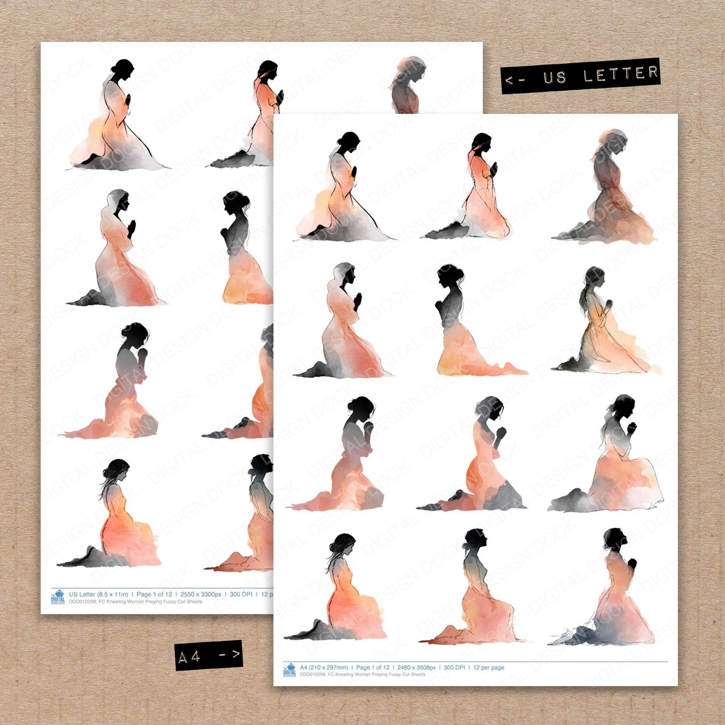A4 and US Letter format comparison showing Kneeling Woman Praying fussy cut pages for print and cut crafting