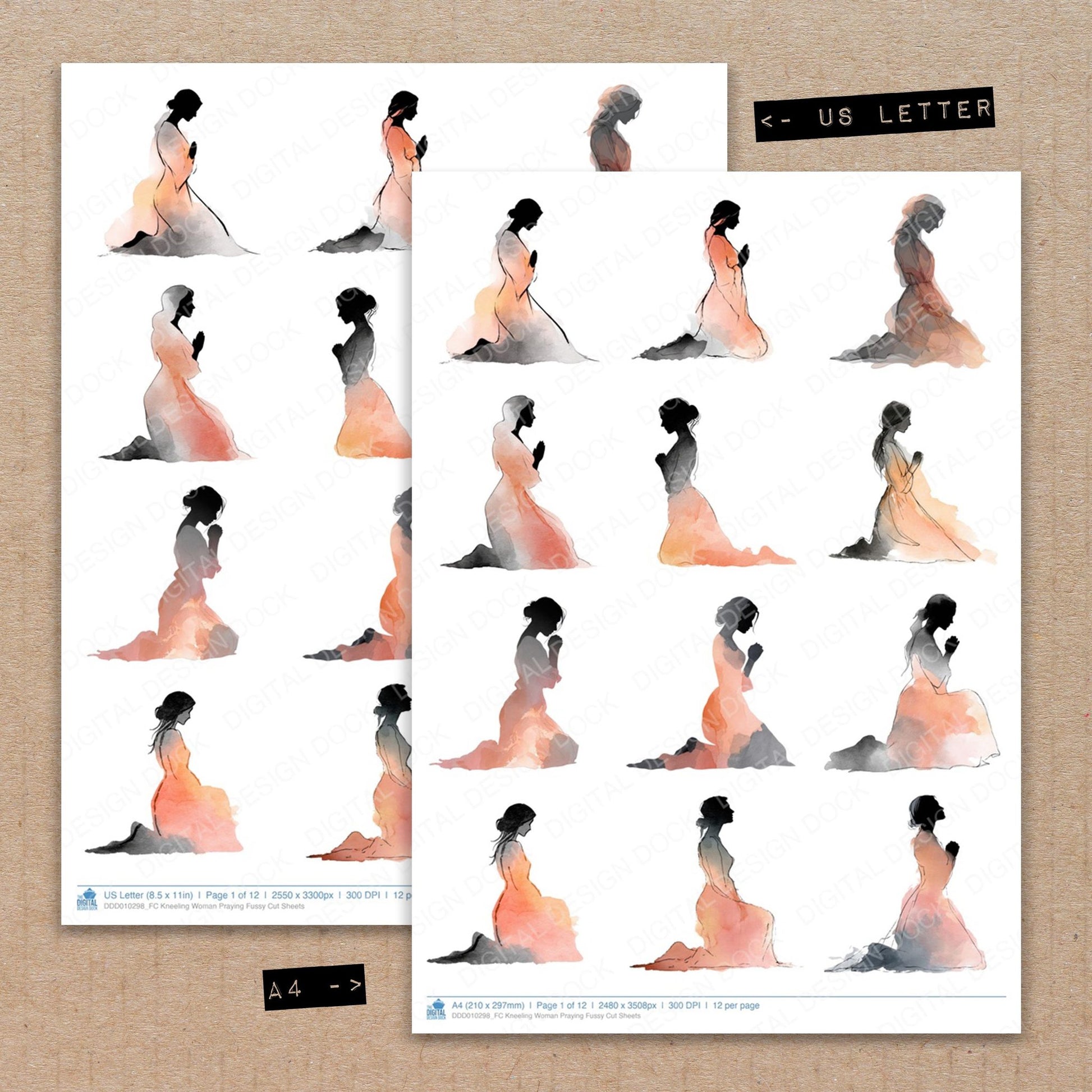 A4 and US Letter format comparison showing Kneeling Woman Praying fussy cut pages for print and cut crafting