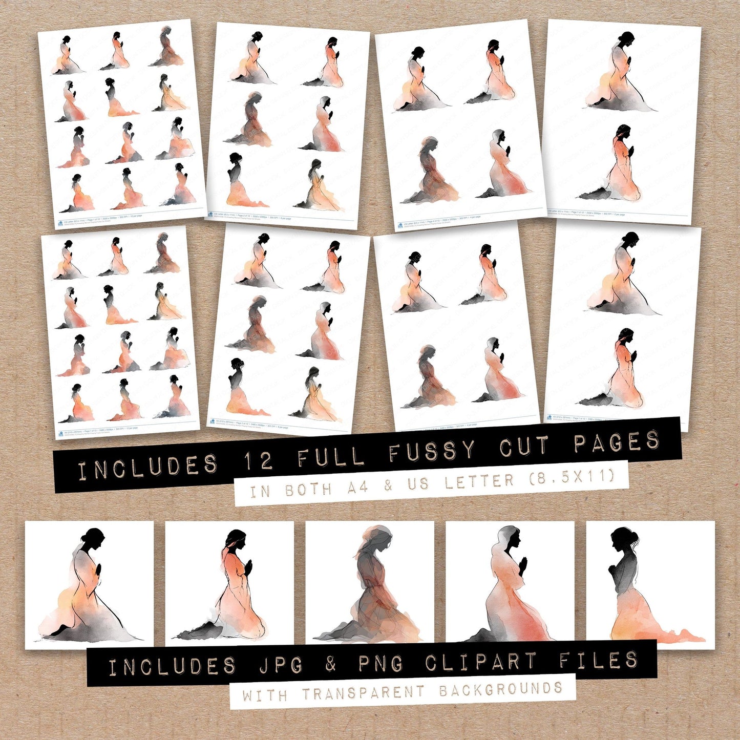 Full collection view of Kneeling Woman Praying fussy cut sheets with bonus clipart JPG and PNG files