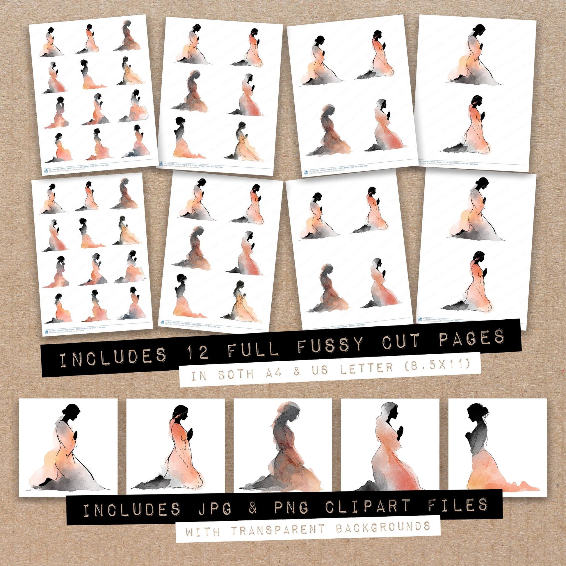 Full collection view of Kneeling Woman Praying fussy cut sheets with bonus clipart JPG and PNG files