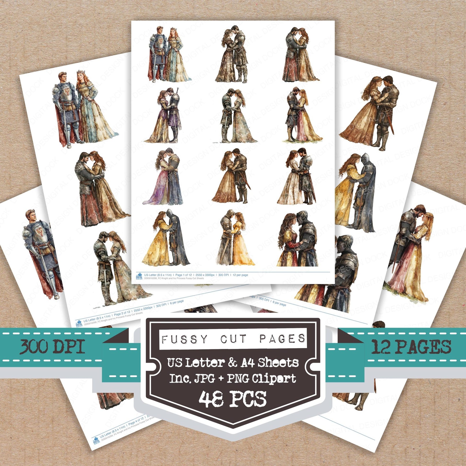 Knight and his Princess fussy cut printable sheets for junk journaling, scrapbooking, and paper craft projects