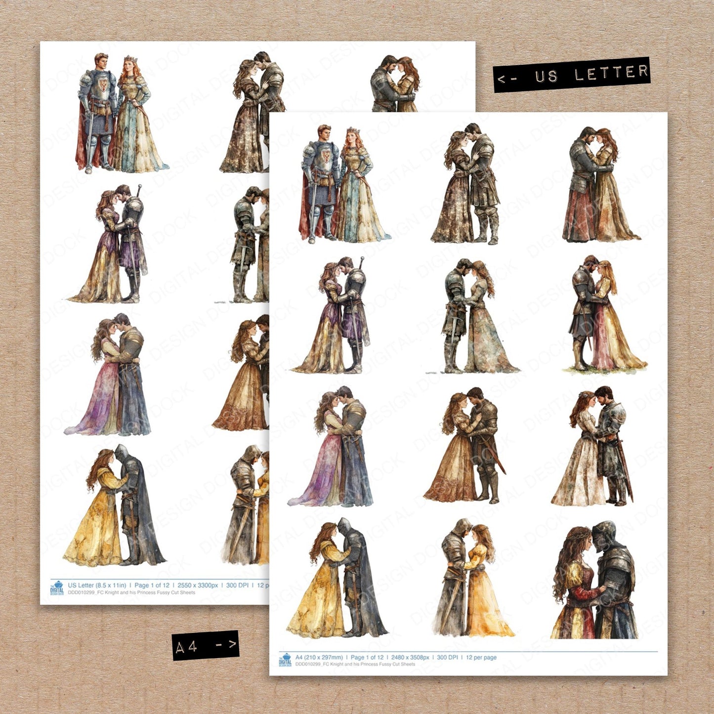 A4 and US Letter format comparison showing Knight and his Princess fussy cut pages for print and cut crafting