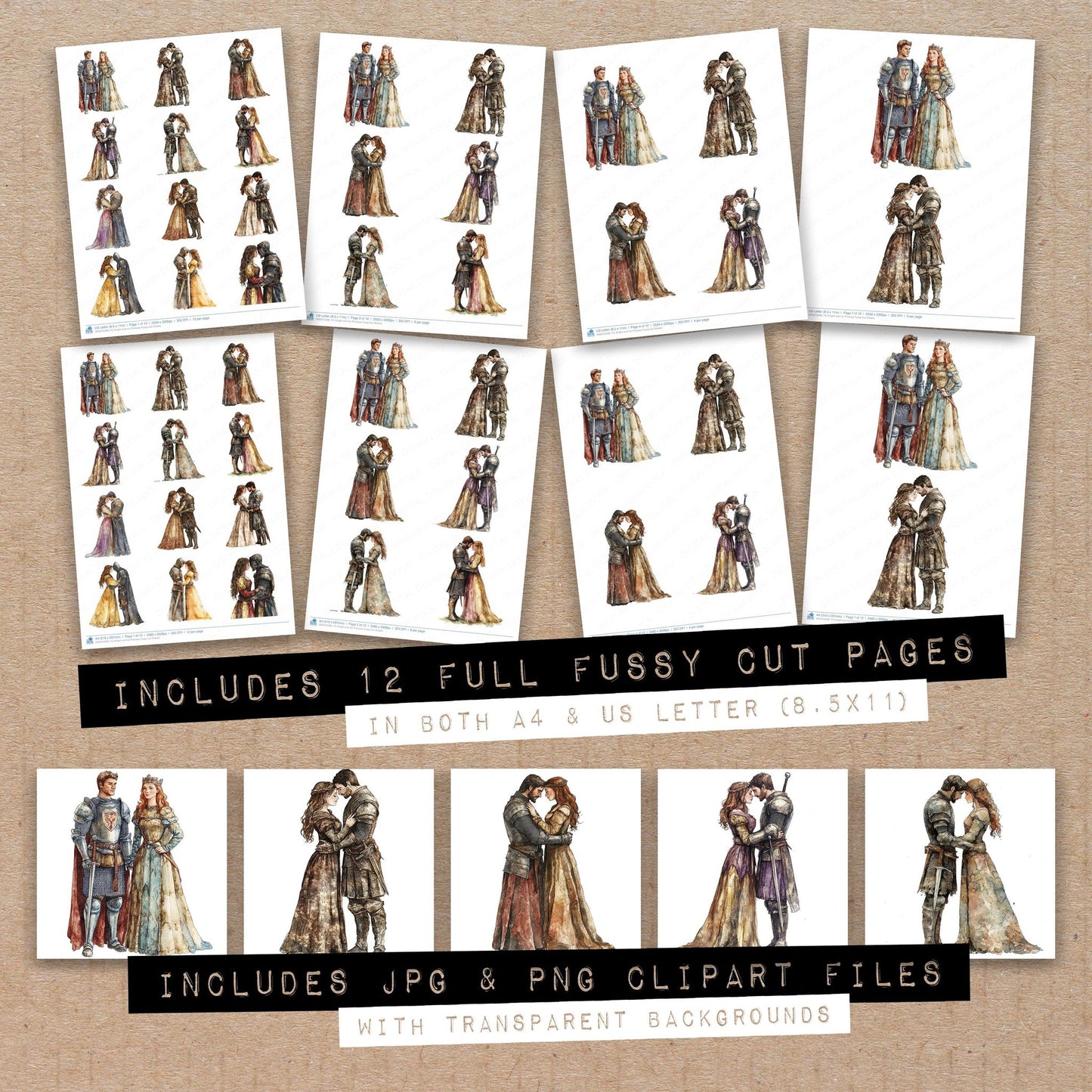 Full collection view of Knight and his Princess fussy cut sheets with bonus clipart JPG and PNG files