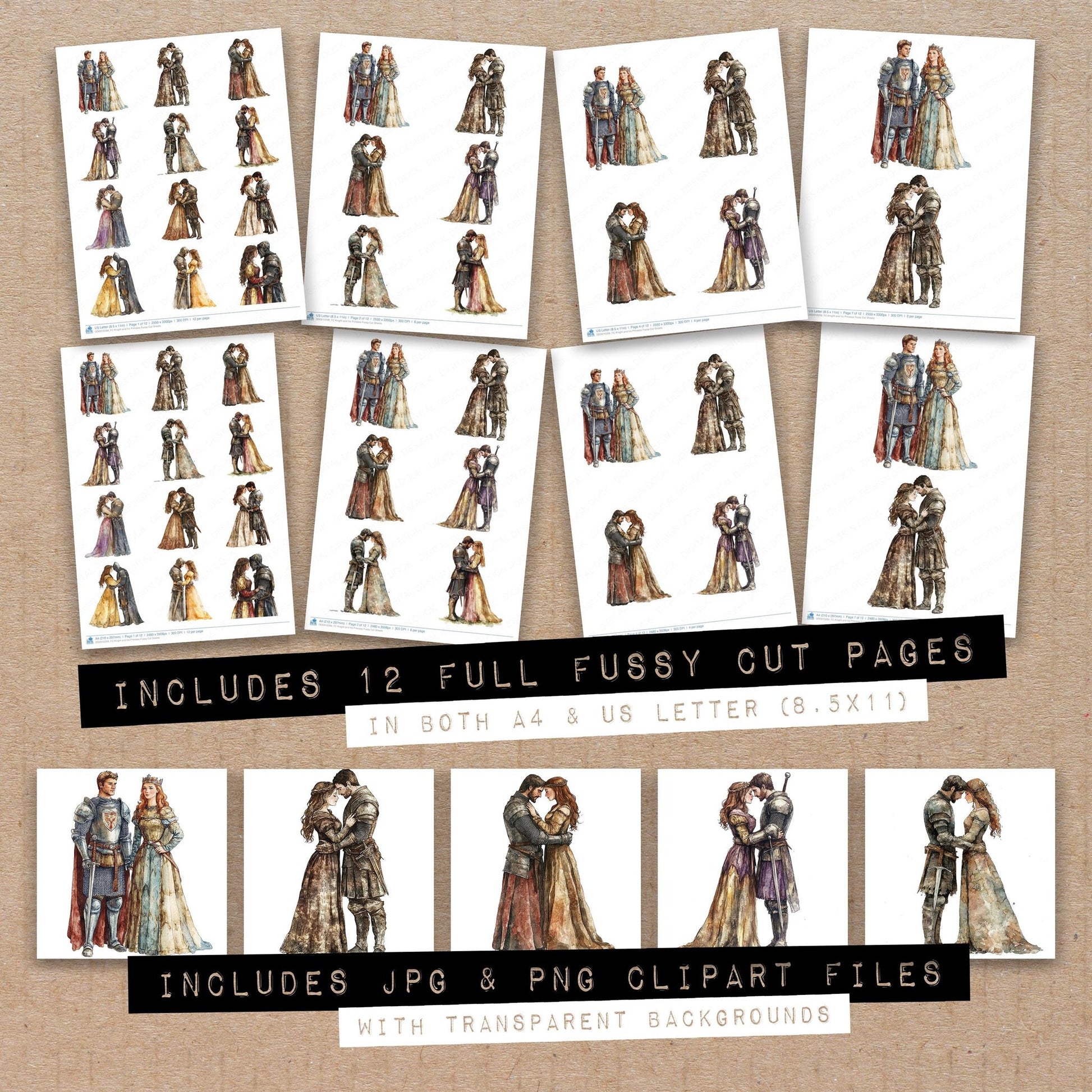 Full collection view of Knight and his Princess fussy cut sheets with bonus clipart JPG and PNG files