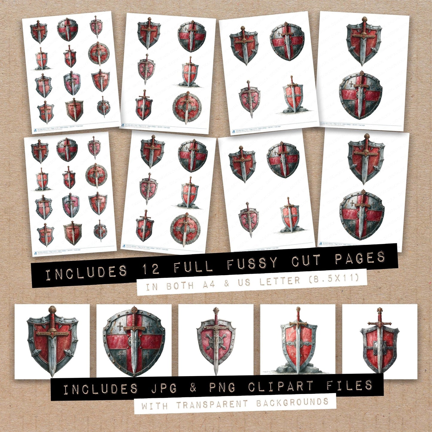 DDD010307_FC Knight Sword Shield Fussy Cut Sheets
