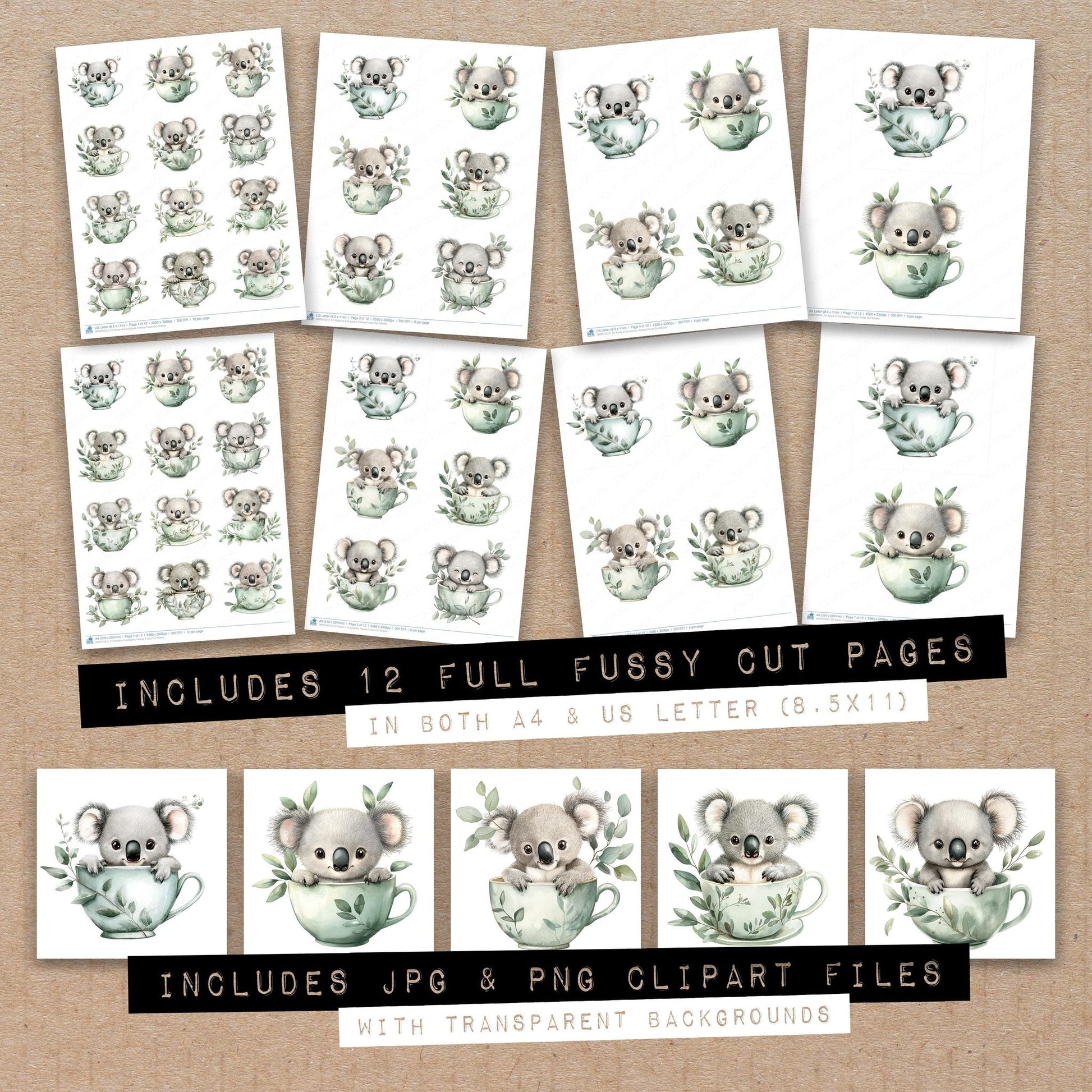 DDD010312_FC Koala in Eucalyptus Teacup Fussy Cut Sheets