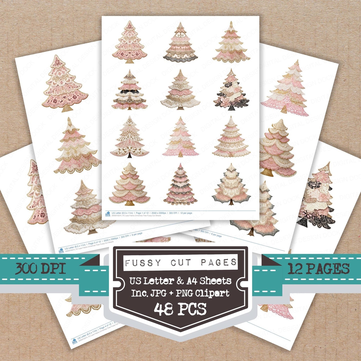 DDD010314_FC Lace Fabric Christmas Tree Fussy Cut Sheets