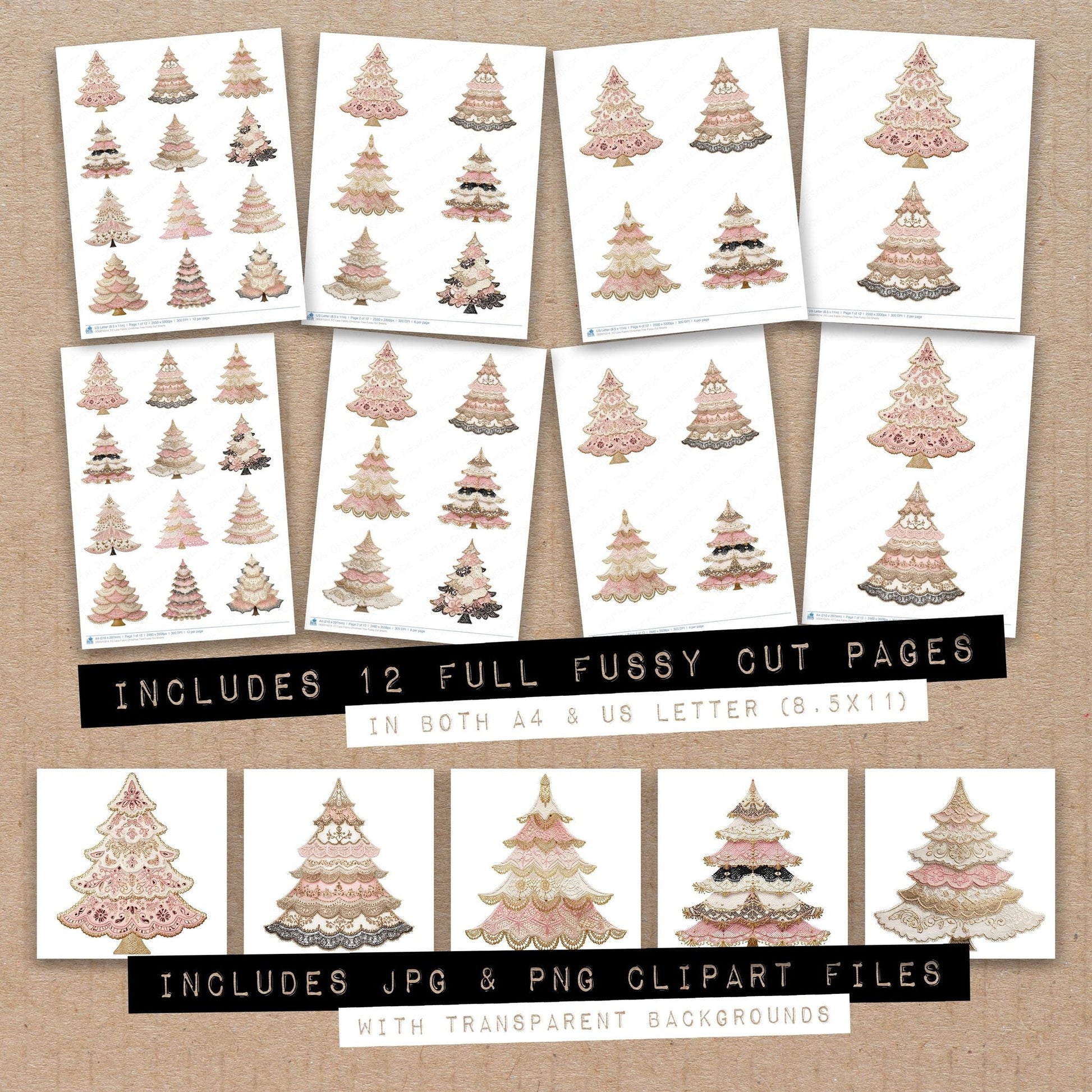 DDD010314_FC Lace Fabric Christmas Tree Fussy Cut Sheets