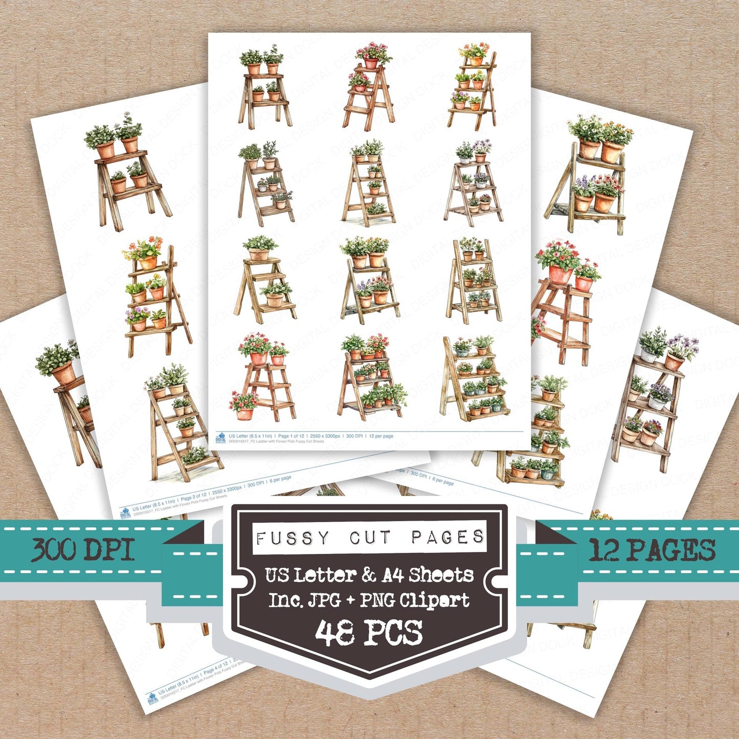 DDD010317_FC Ladder with Flower Pots Fussy Cut Sheets