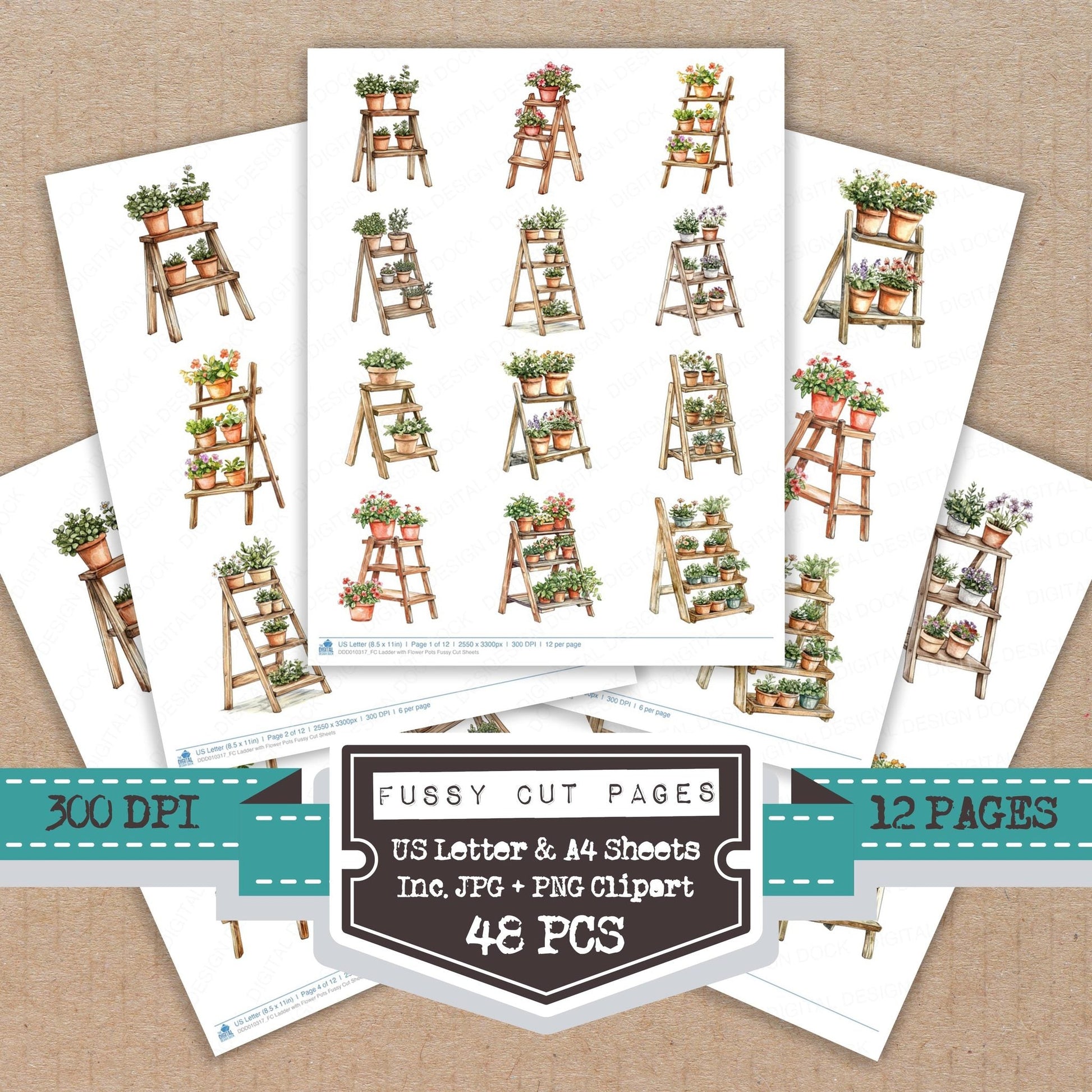 DDD010317_FC Ladder with Flower Pots Fussy Cut Sheets