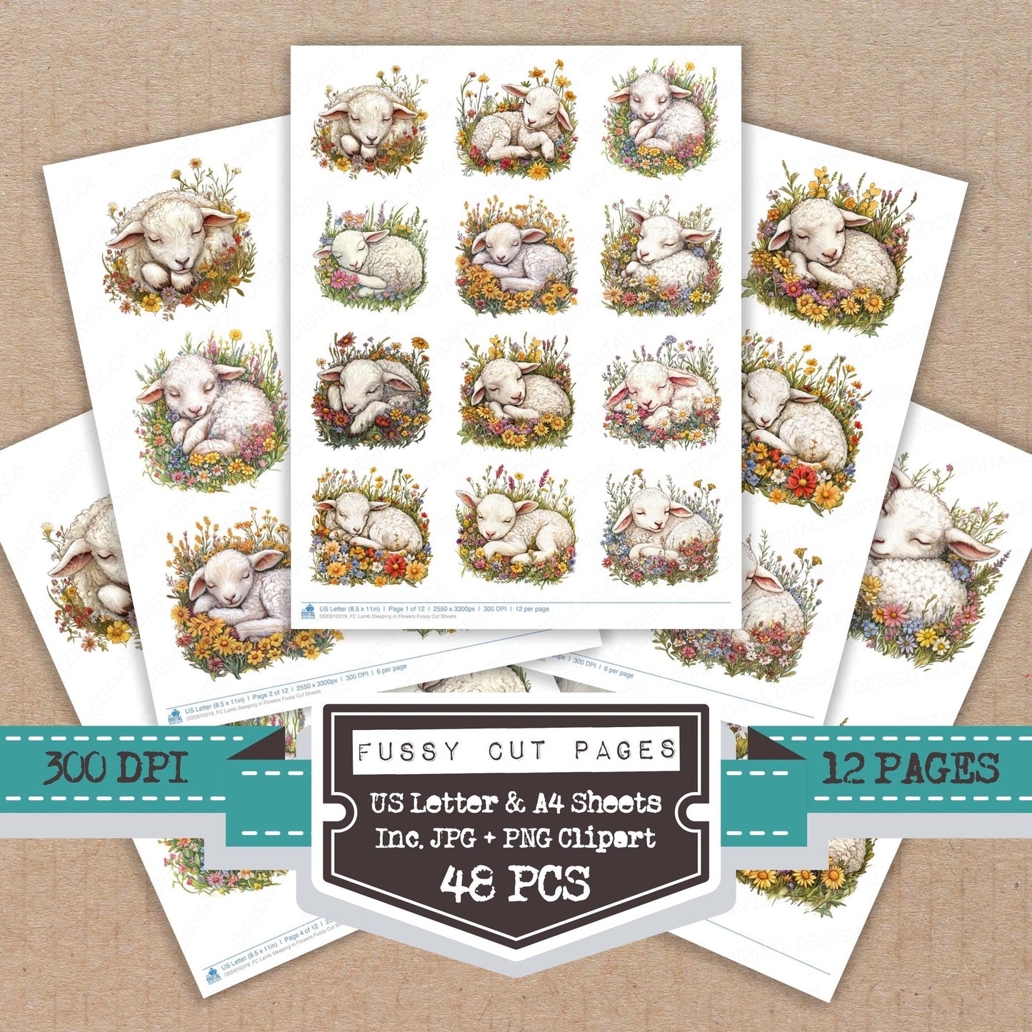 DDD010319_FC Lamb Sleeping in Flowers Fussy Cut Sheets
