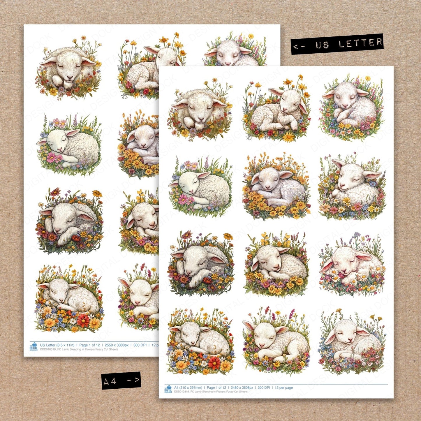 DDD010319_FC Lamb Sleeping in Flowers Fussy Cut Sheets