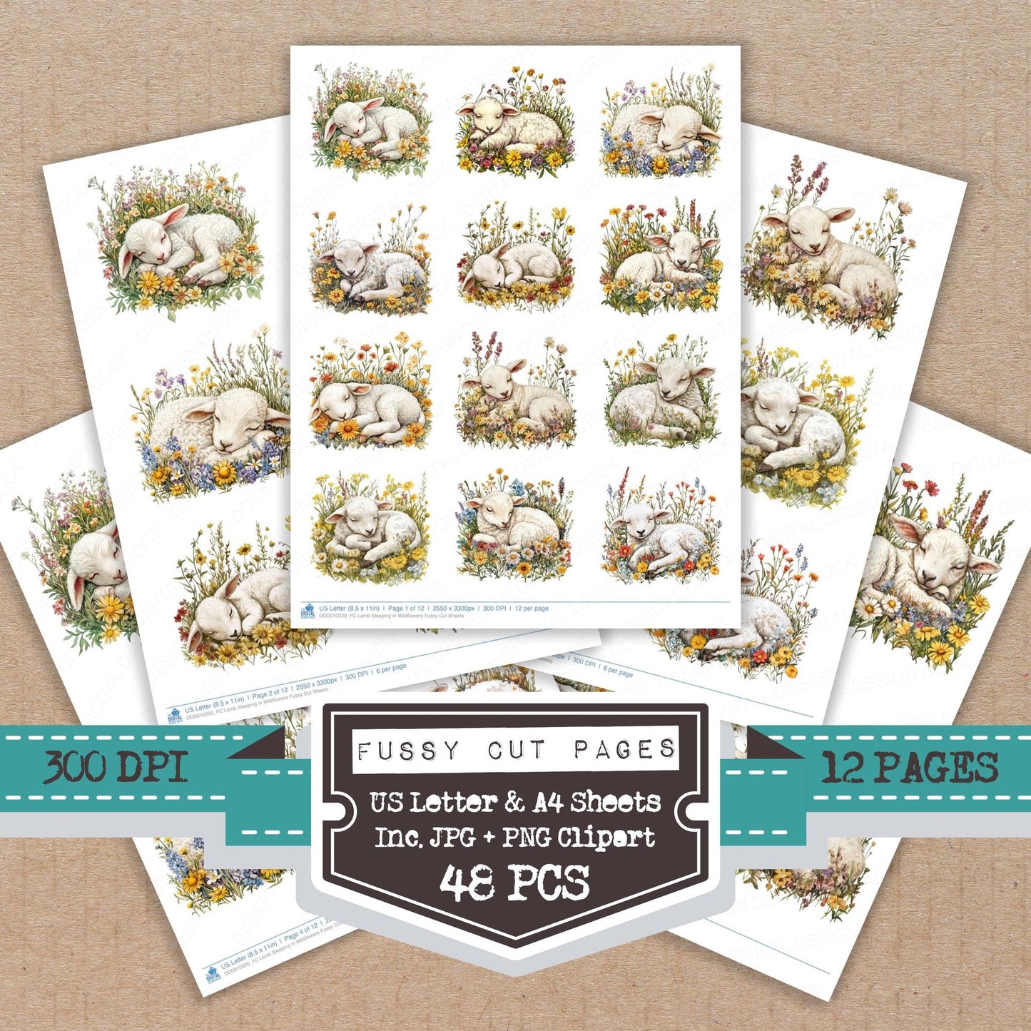 DDD010320_FC Lamb Sleeping in Wildflowers Fussy Cut Sheets