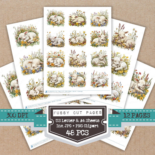 DDD010320_FC Lamb Sleeping in Wildflowers Fussy Cut Sheets