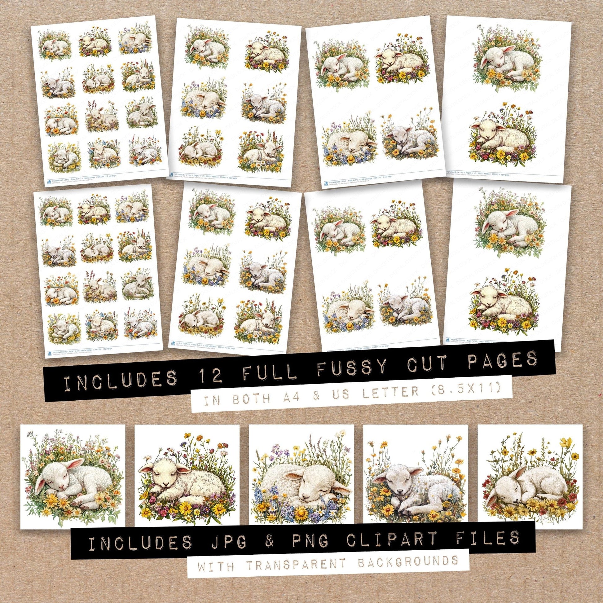 DDD010320_FC Lamb Sleeping in Wildflowers Fussy Cut Sheets