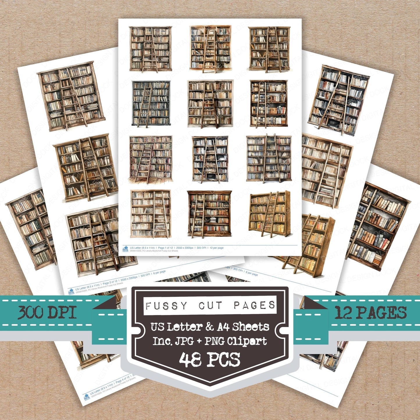 DDD010335_FC Library Bookshelf Fussy Cut Sheets