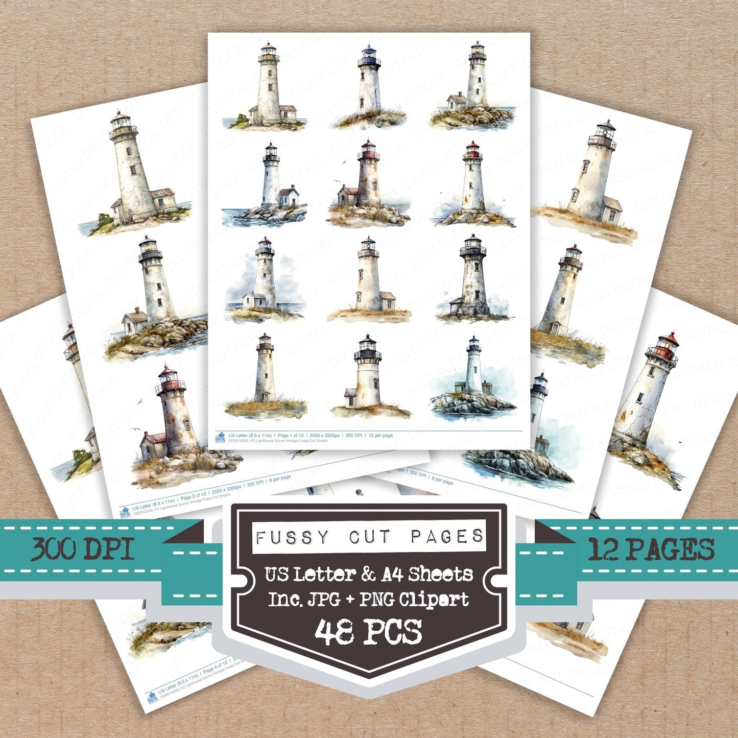 DDD010343_FC Lighthouse Scene Vintage Fussy Cut Sheets