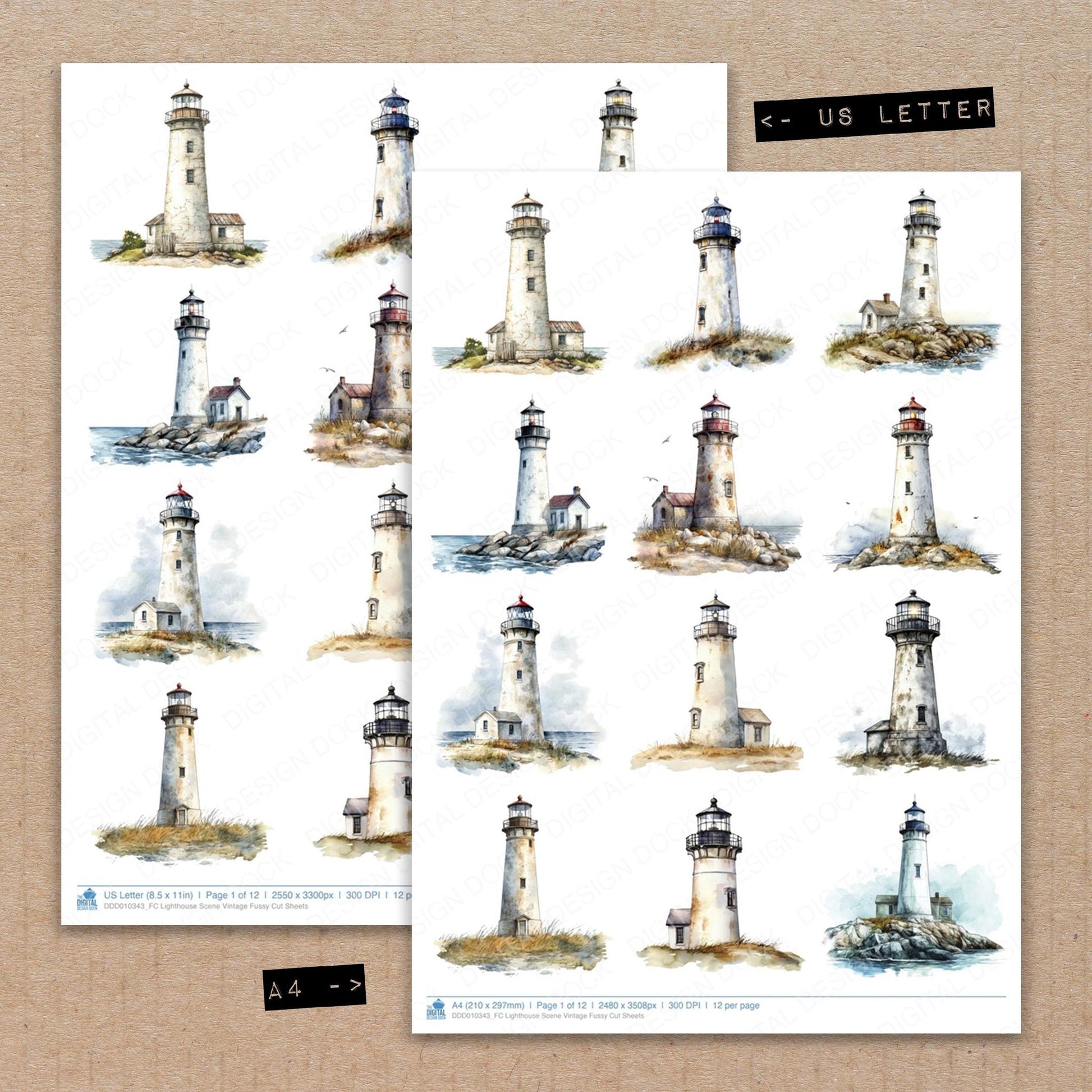 DDD010343_FC Lighthouse Scene Vintage Fussy Cut Sheets