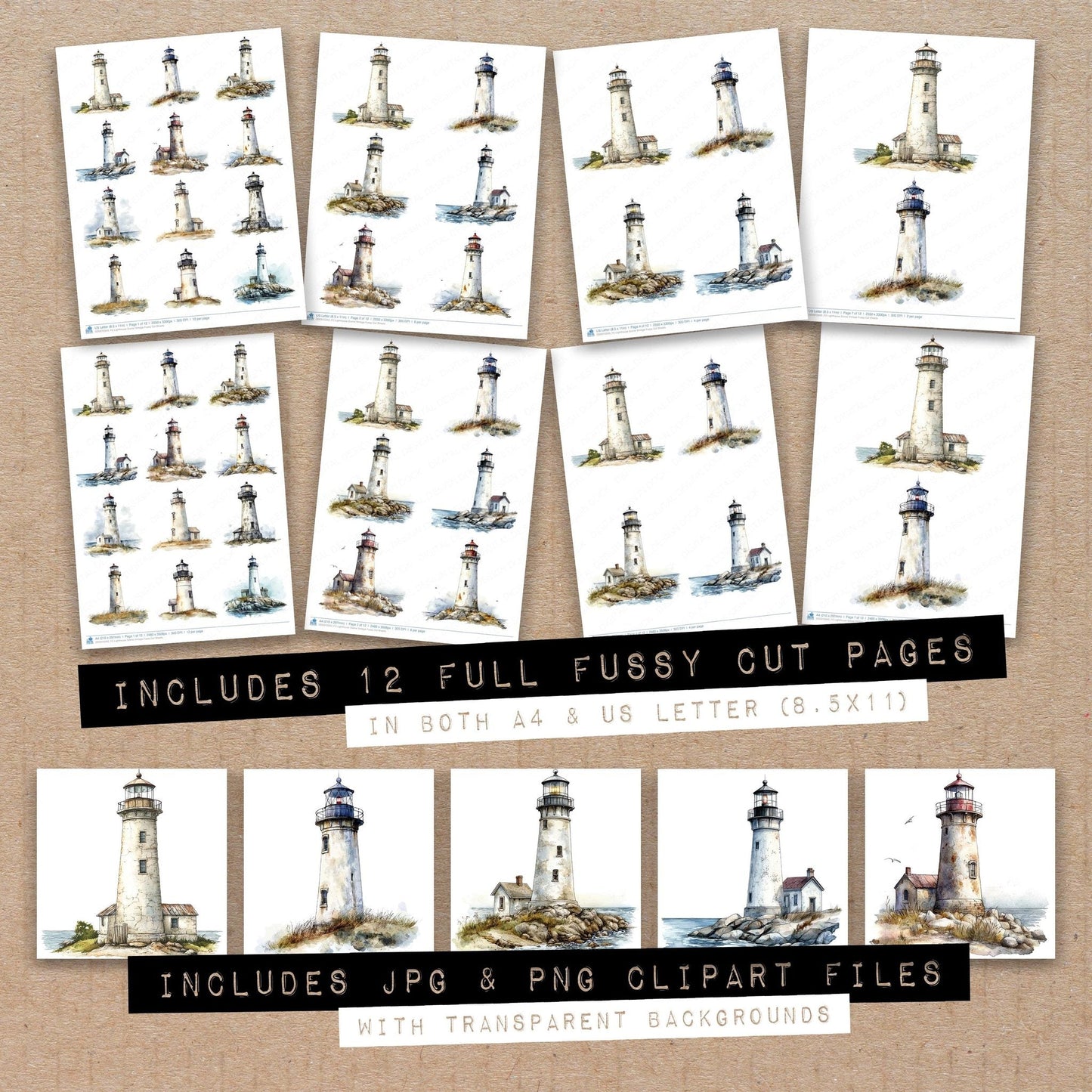 DDD010343_FC Lighthouse Scene Vintage Fussy Cut Sheets