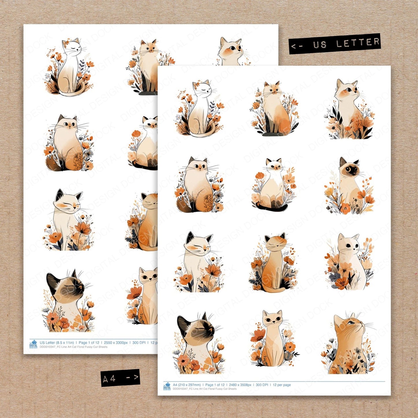 DDD010347_FC Line Art Cat Floral Fussy Cut Sheets
