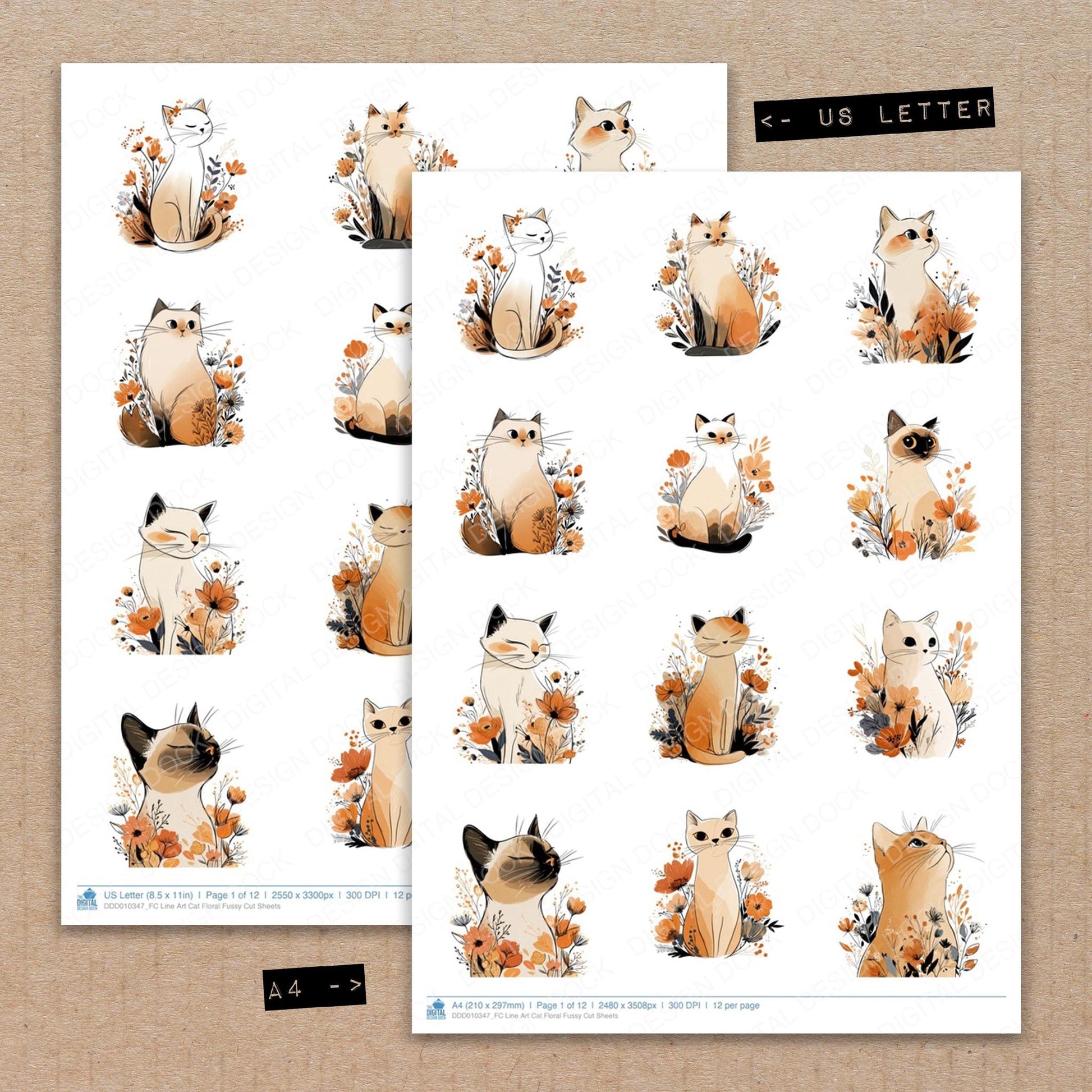 DDD010347_FC Line Art Cat Floral Fussy Cut Sheets