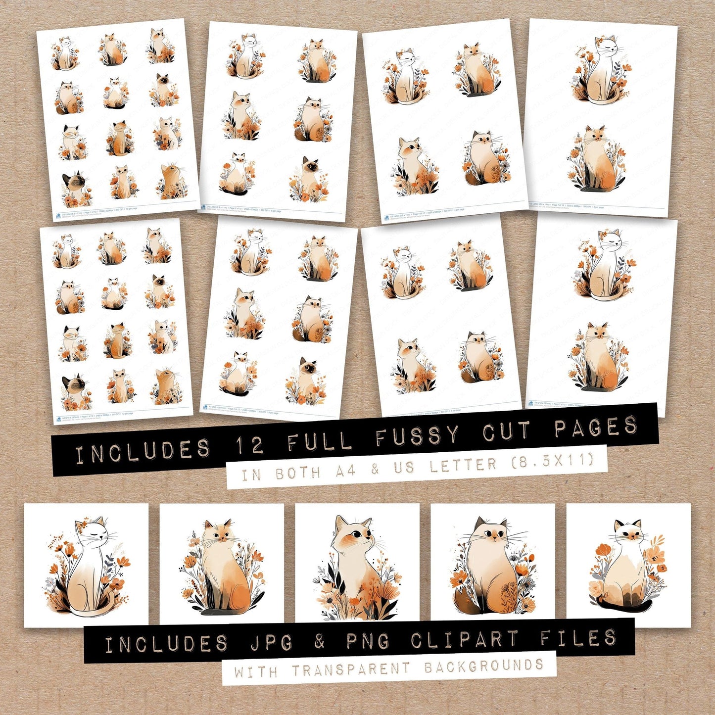 DDD010347_FC Line Art Cat Floral Fussy Cut Sheets