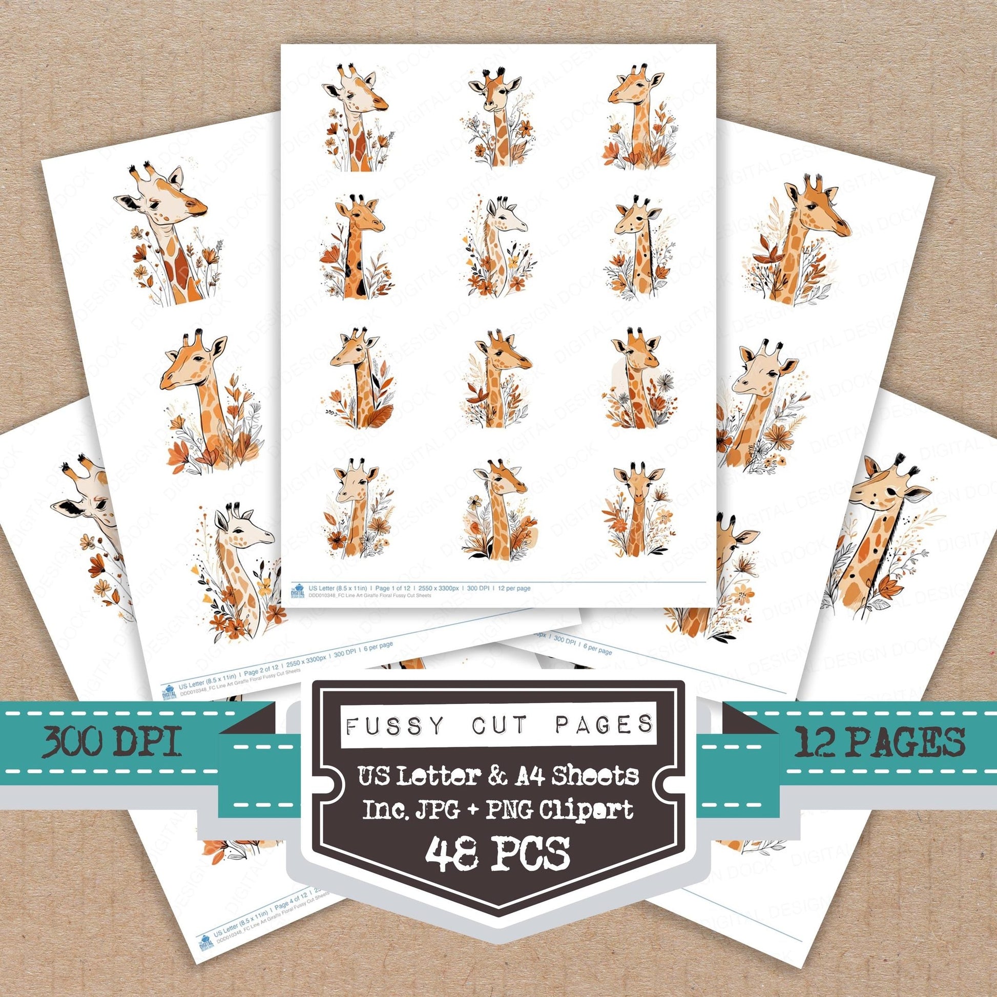 DDD010348_FC Line Art Giraffe Floral Fussy Cut Sheets