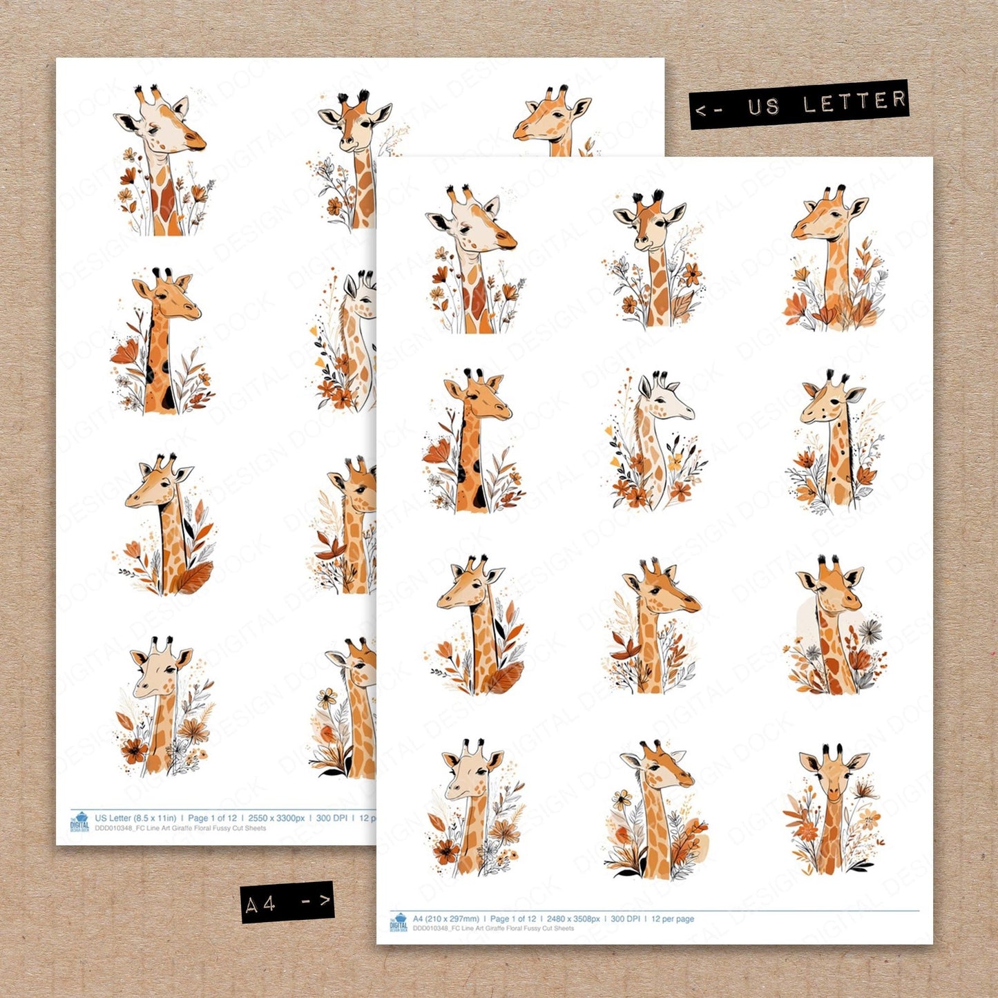 DDD010348_FC Line Art Giraffe Floral Fussy Cut Sheets