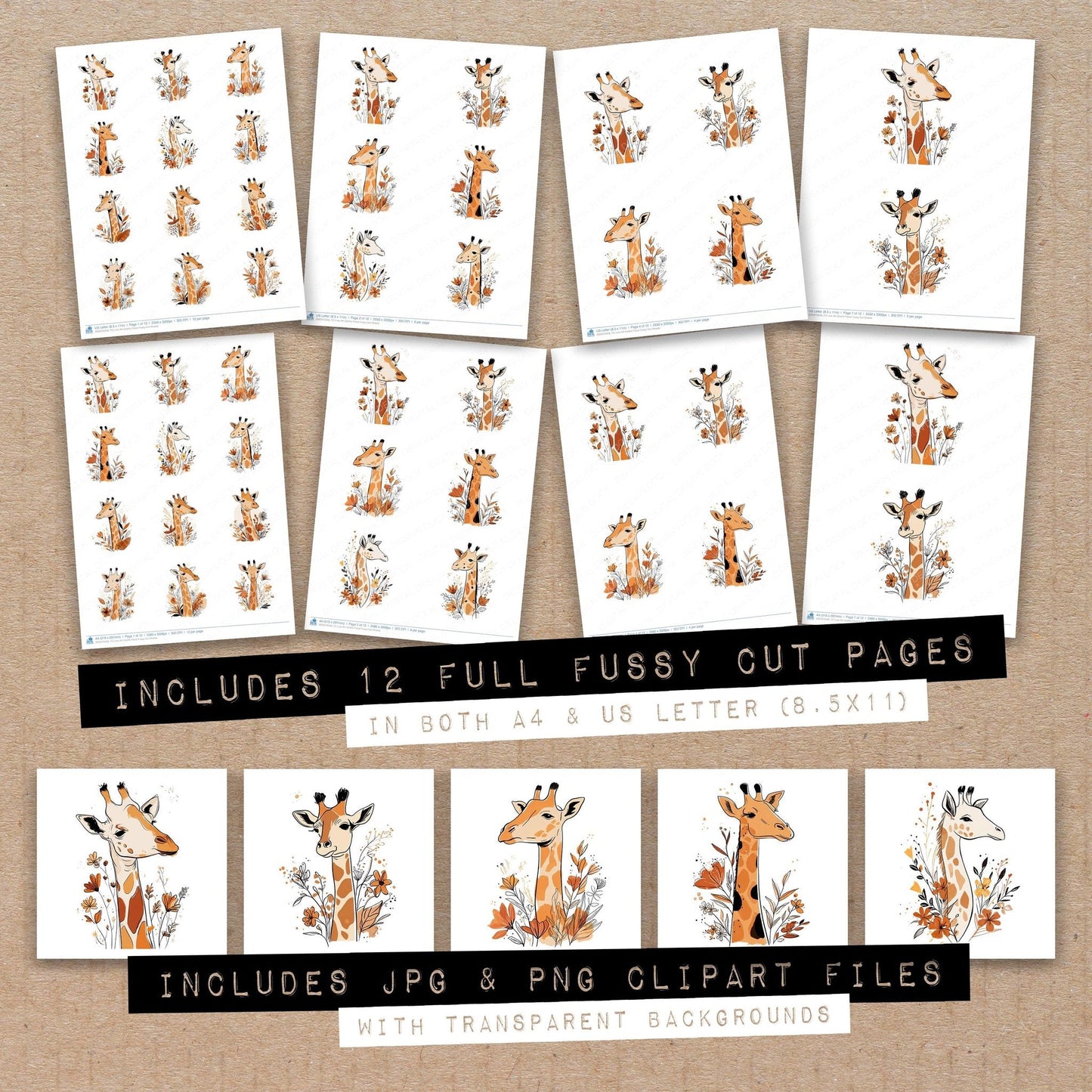 DDD010348_FC Line Art Giraffe Floral Fussy Cut Sheets