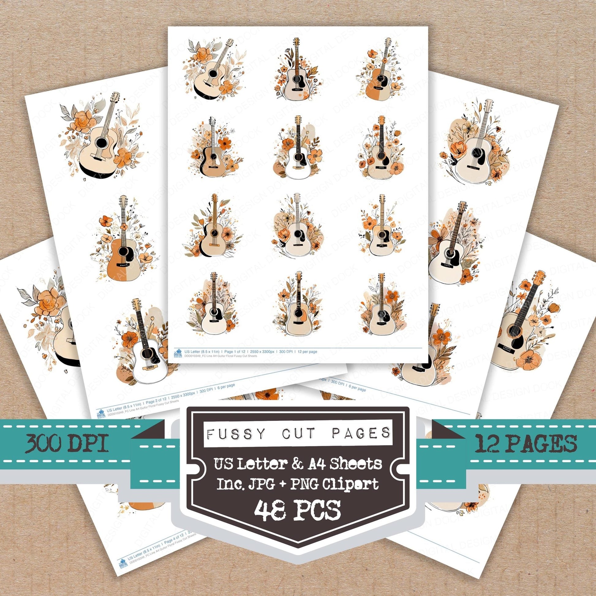 DDD010349_FC Line Art Guitar Floral Fussy Cut Sheets