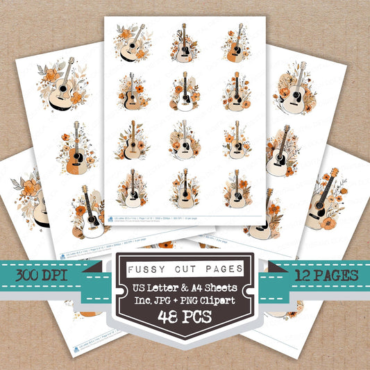 DDD010349_FC Line Art Guitar Floral Fussy Cut Sheets