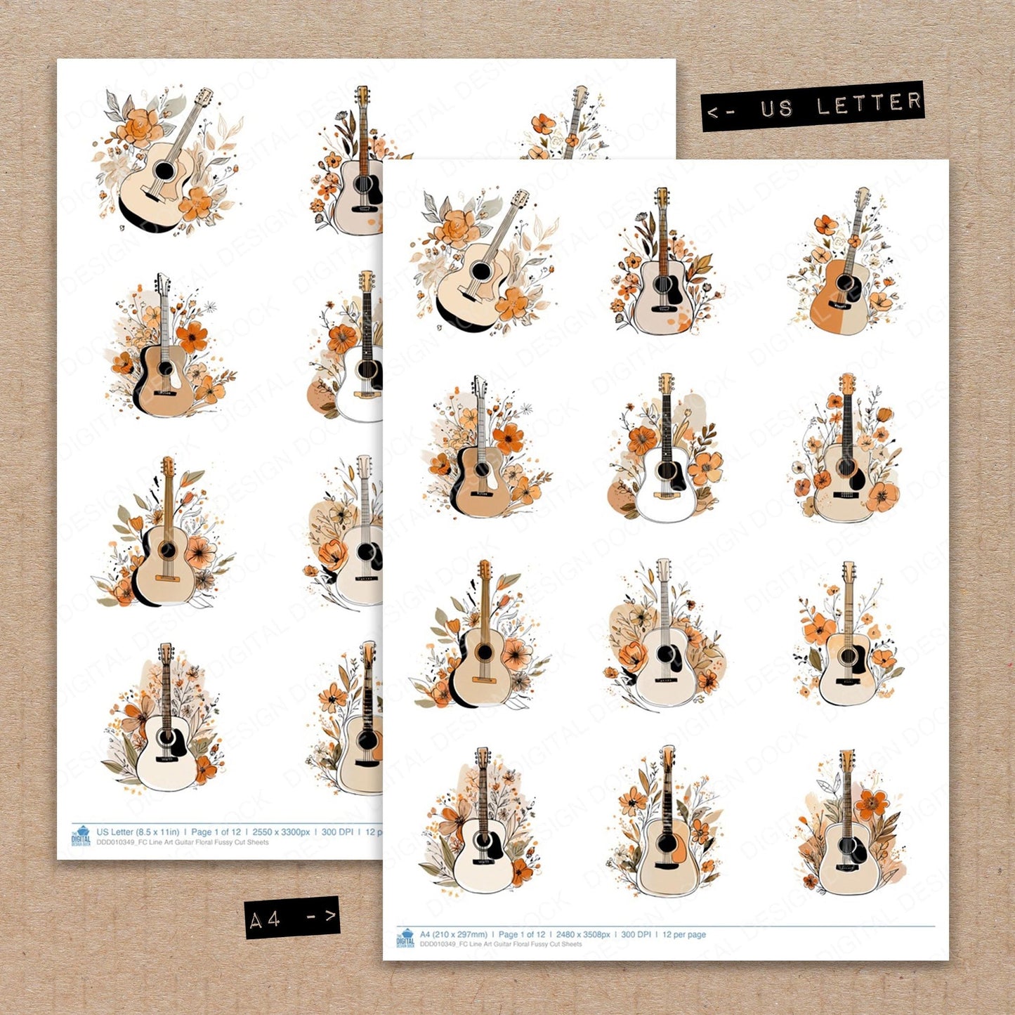 DDD010349_FC Line Art Guitar Floral Fussy Cut Sheets